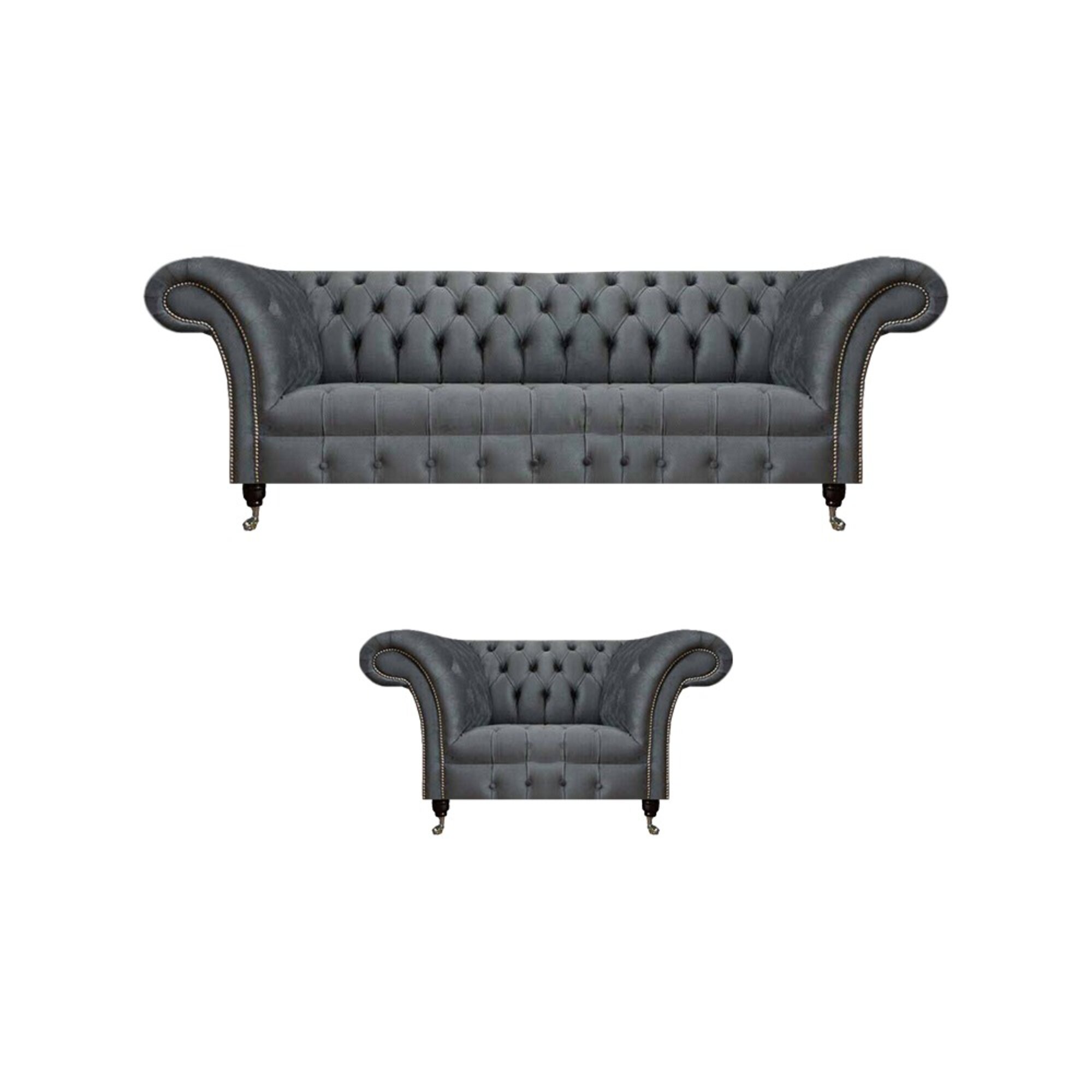 Exklusive Graue Chesterfied Garnitur Designer Sessel Moderner 3-Sitzer