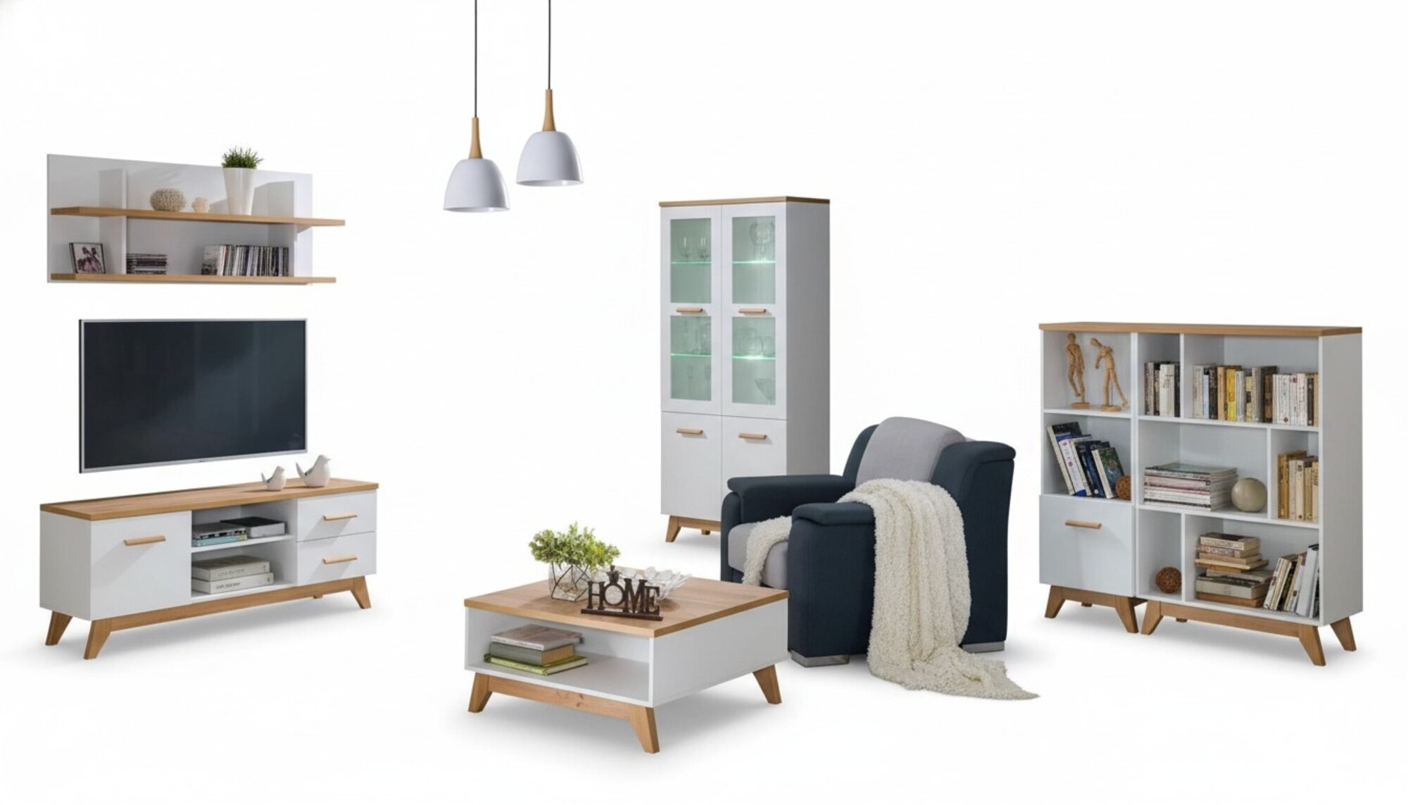 6 Teile Moderne Wohnwand Wohnzimmer Set Vitrine TV-Ständer Regal