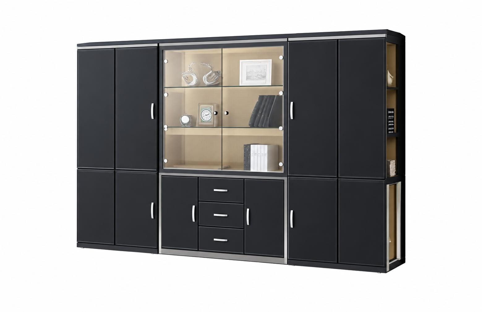 Moderner Aktenschrank Schwarz mit Glasvitrine und Schubladen Sofort
