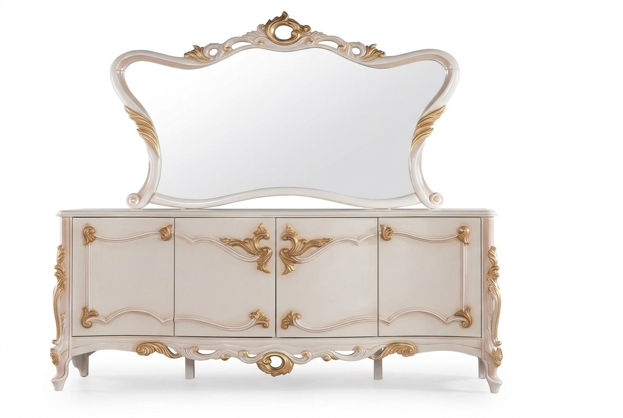 Anrichte mit Spiegel Garnitur Ess Barock Kommoden Holz Kommode Holz Schrank Neu