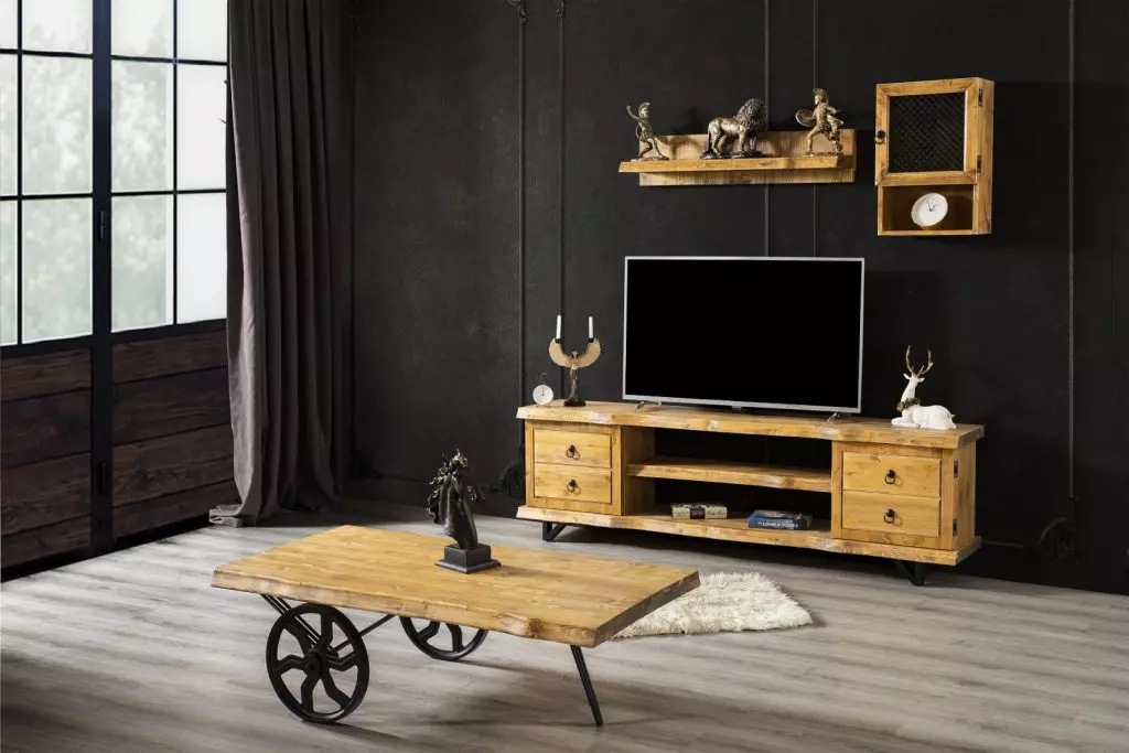 Echt Holz Wohnwand Luxus in Braun mit Couchtisch auf Rädern Schrank