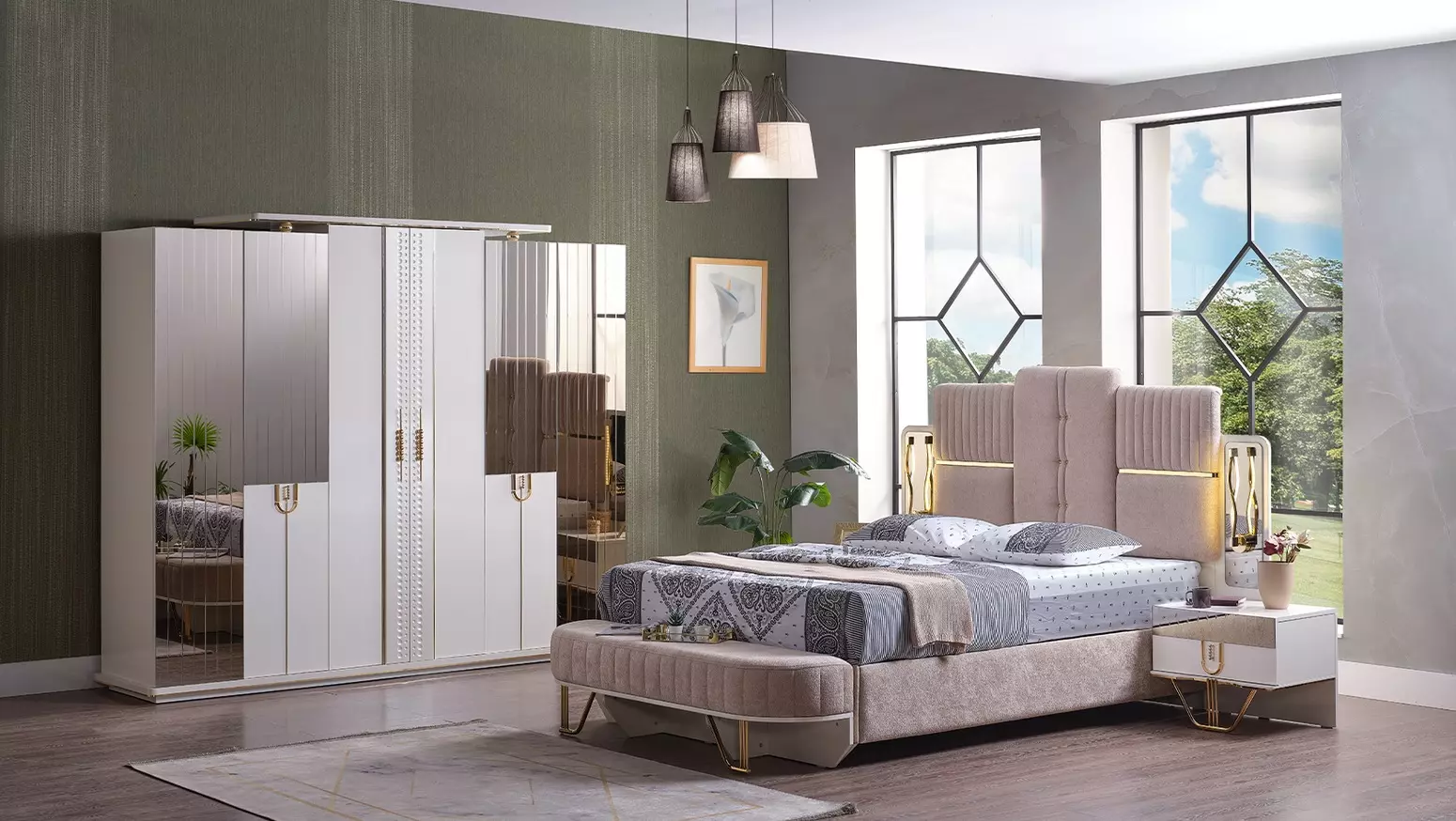 Luxus Schlafzimmer Set 5 tlg. Bett 2x Nachttische Kleiderschrank Bank