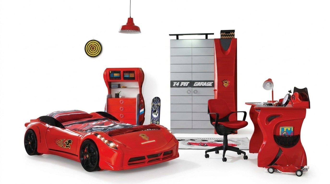 Auto Set Bett Kleiderschrank Kommode Schreibtisch Junge Möbel 4tlg.