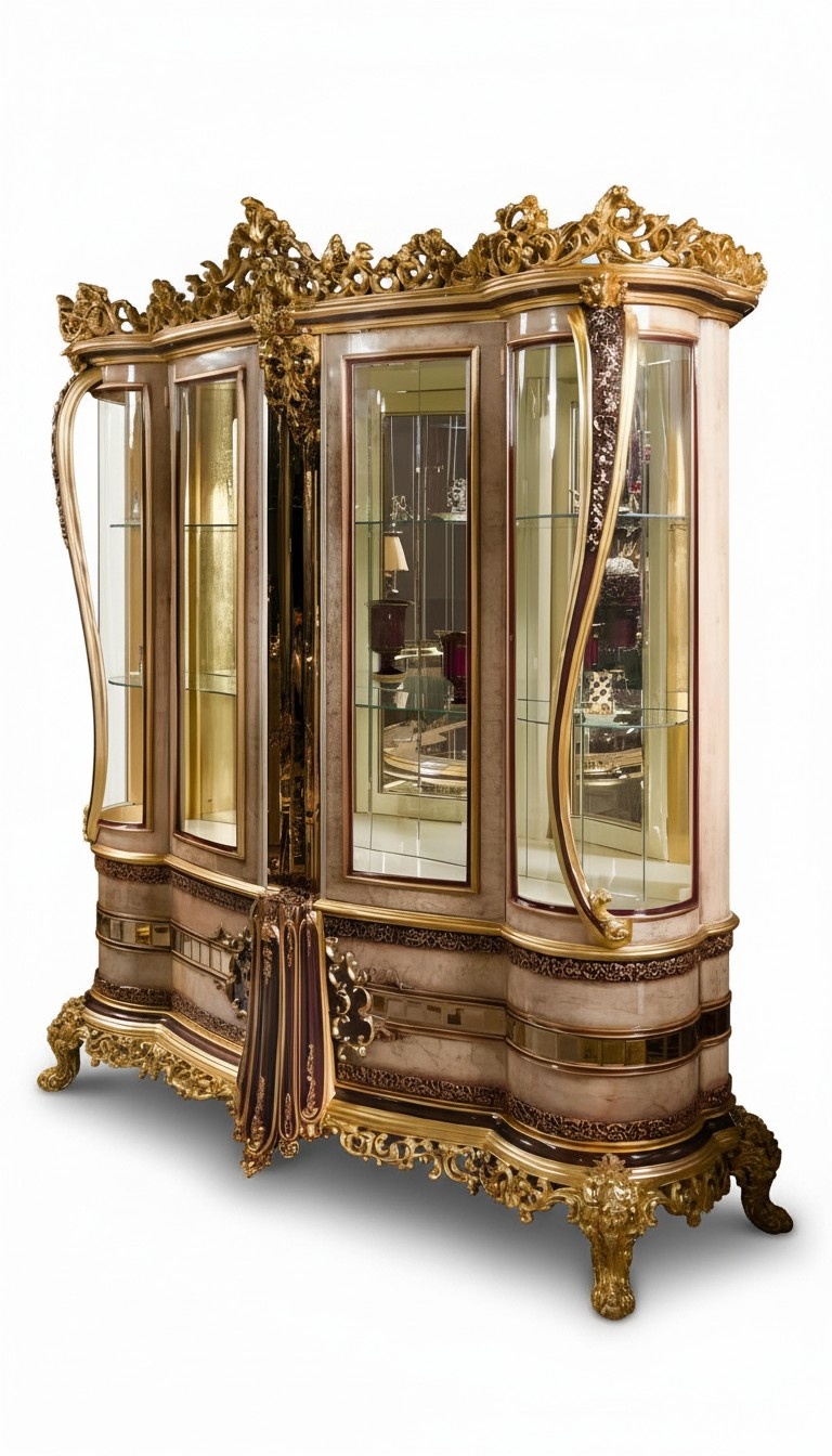 Beige Holz-Glas Vitrine im eleganten Stil