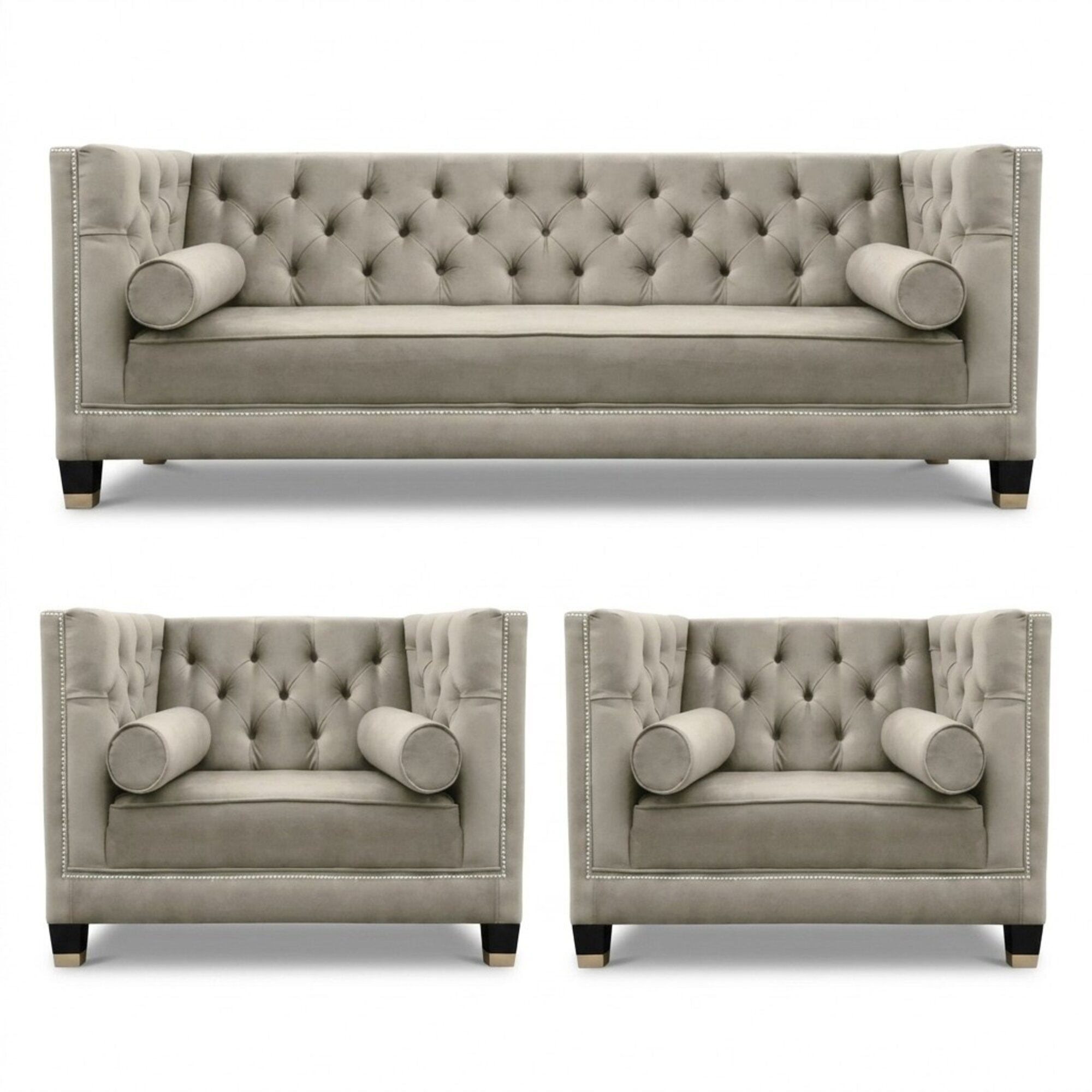 Beige Sofagarnitur Chesterfield Sessel Luxus Möbel Textil Stoff Wohnzimmer Neu