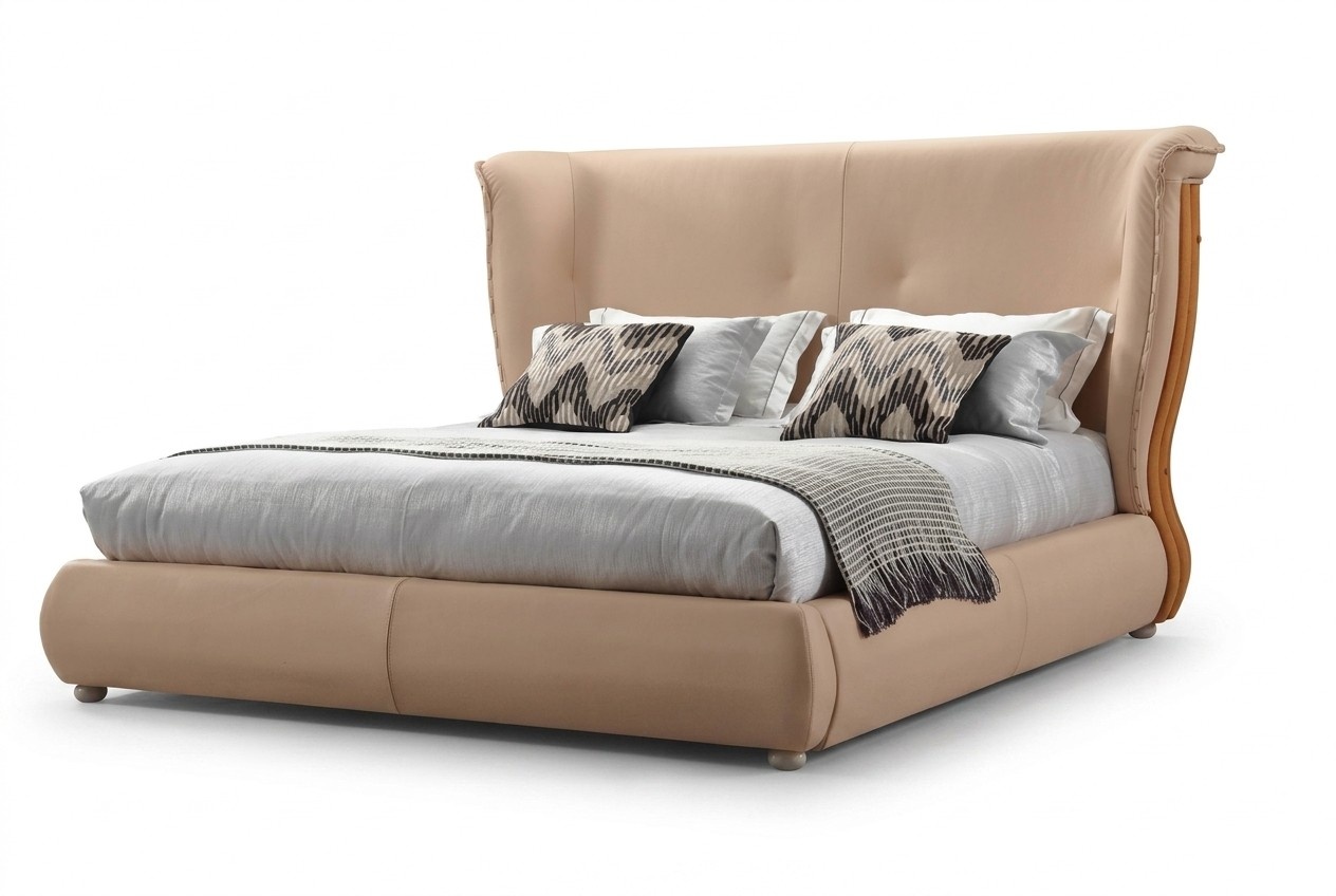 Beiges Bett Schlafzimmer Betten Doppelbetten Holz Möbel Lederbetten