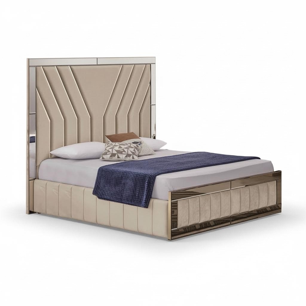 Beiges Schlafzimmer Bett Designer Doppelbett Luxuriöser Bettrahmen Bett