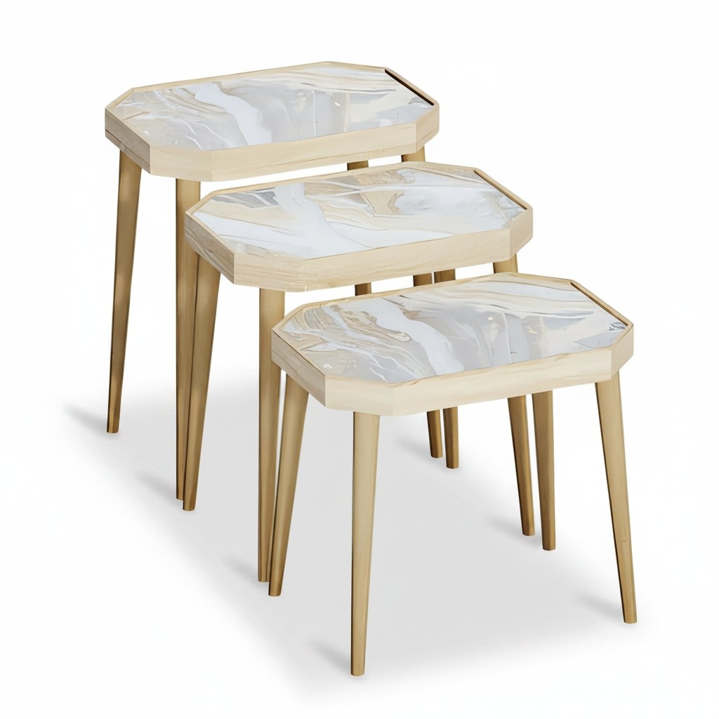 Beistelltisch Holz Beige Modern Elegant Set von drei