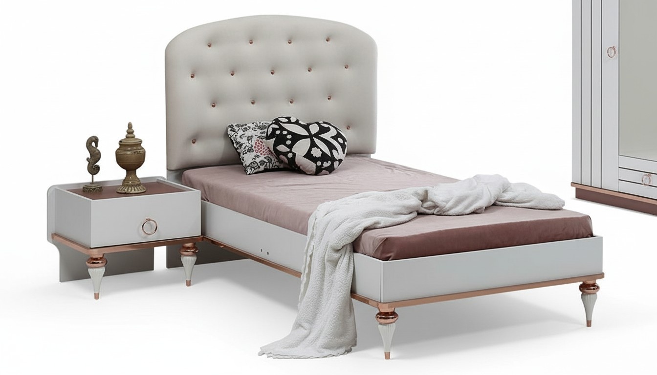 Bett Gepolstertes Kopfteil Nachttisch Modern Elegantes Design Weiß Kinderzimmer