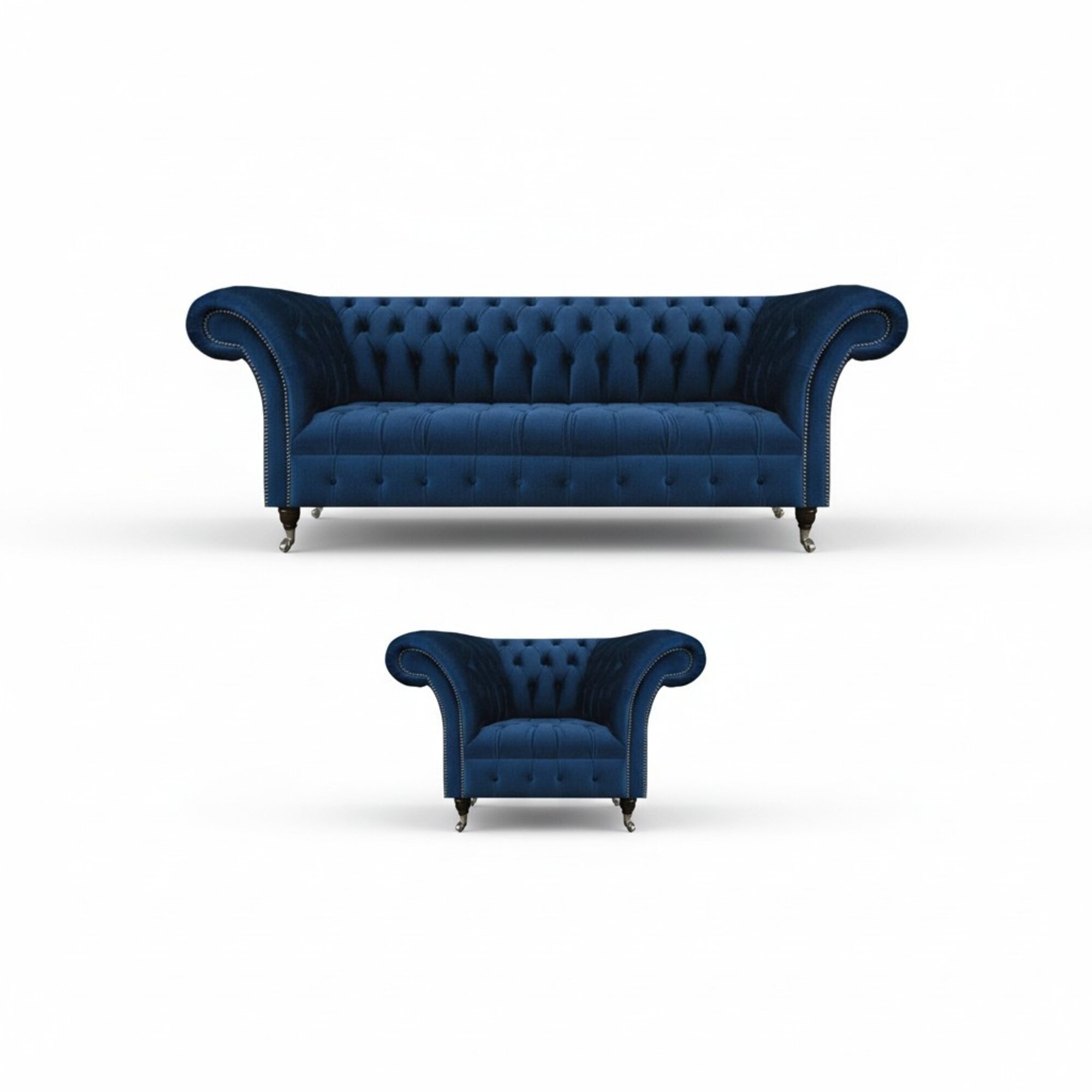 Blaue Chesterfield Garnitur Designer Dreisitzer Stoffsessel 2tlg Möbel