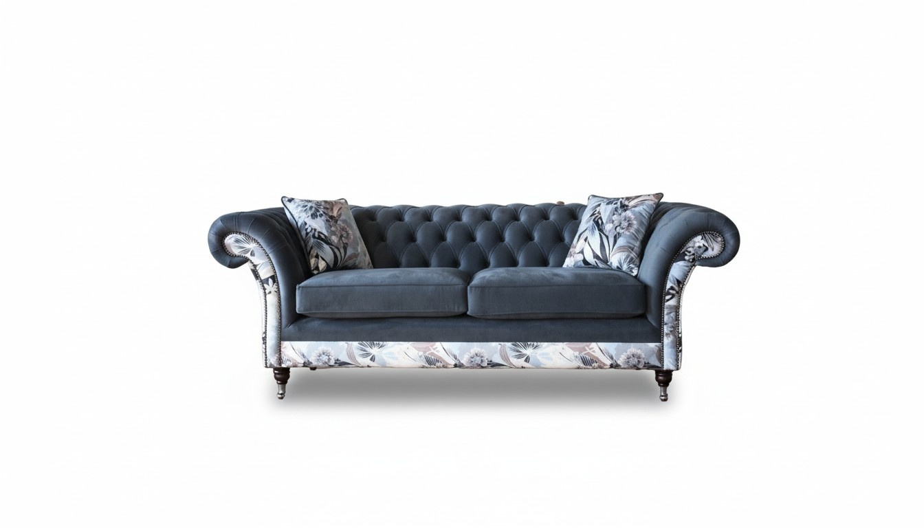 Blauer Dreisitzer Design Polster Sitz Textil Sofa 3 Sitzer Chesterfield Neu