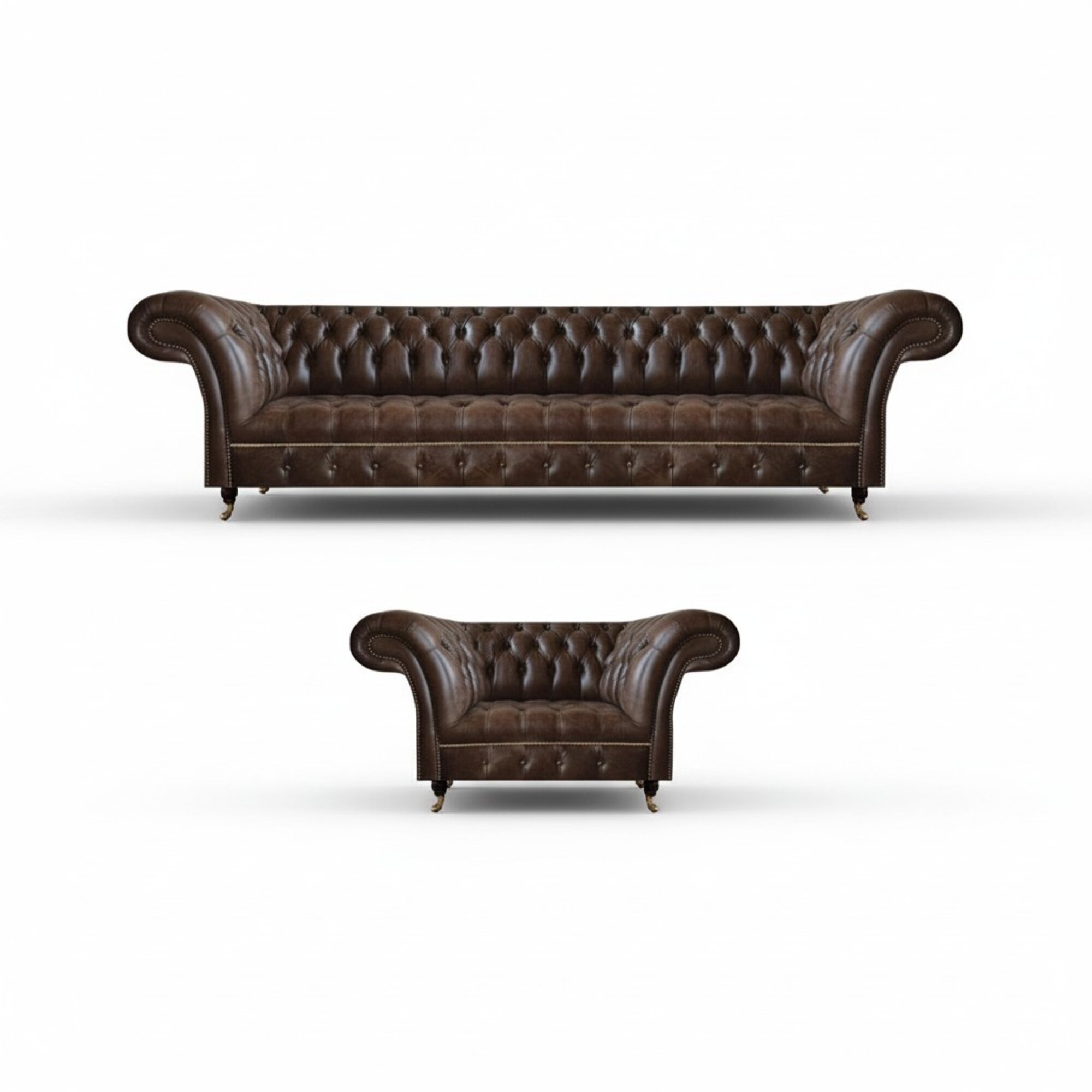Braune Chesterfield Kunstleder Garnitur Wohnzimmer Dreisitzer 2-Sitzer