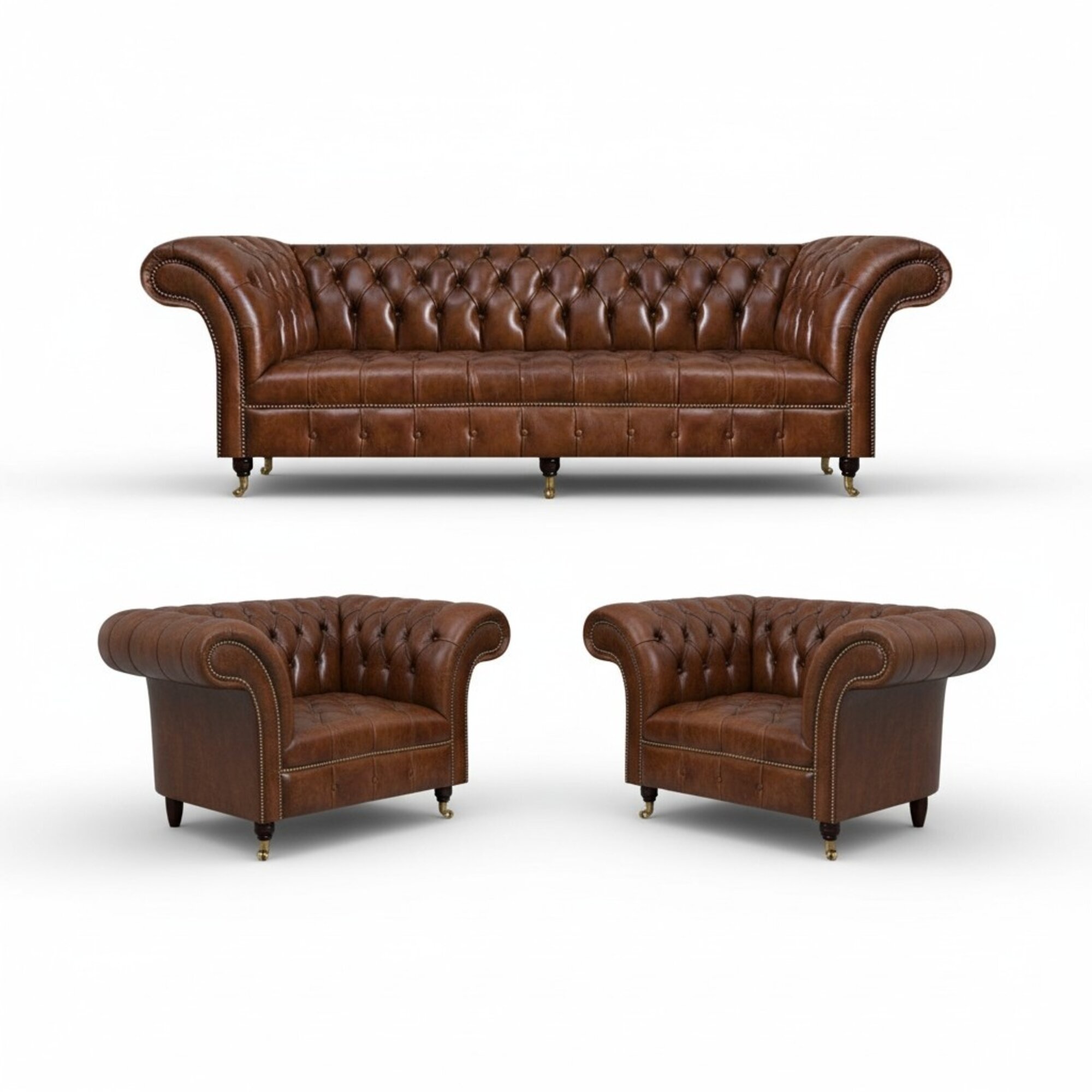 Braune Chesterfield Ledercouch Designer Ledersessel 3tlg Wohnzimmer Set