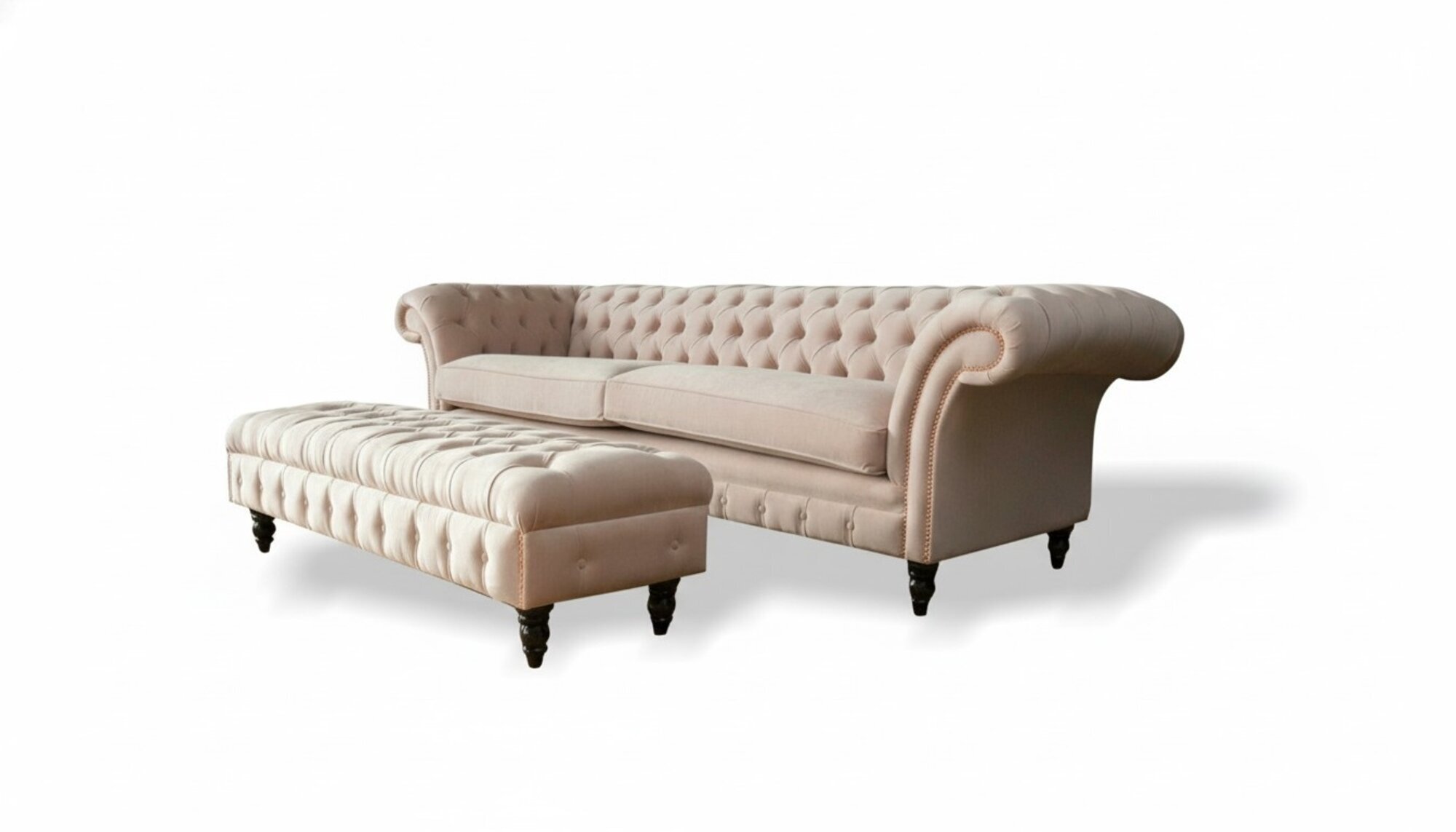 Chesterfield 4 Sitzer Hocker Pink Textil Wohnzimmerset Sofa Luxus Modern