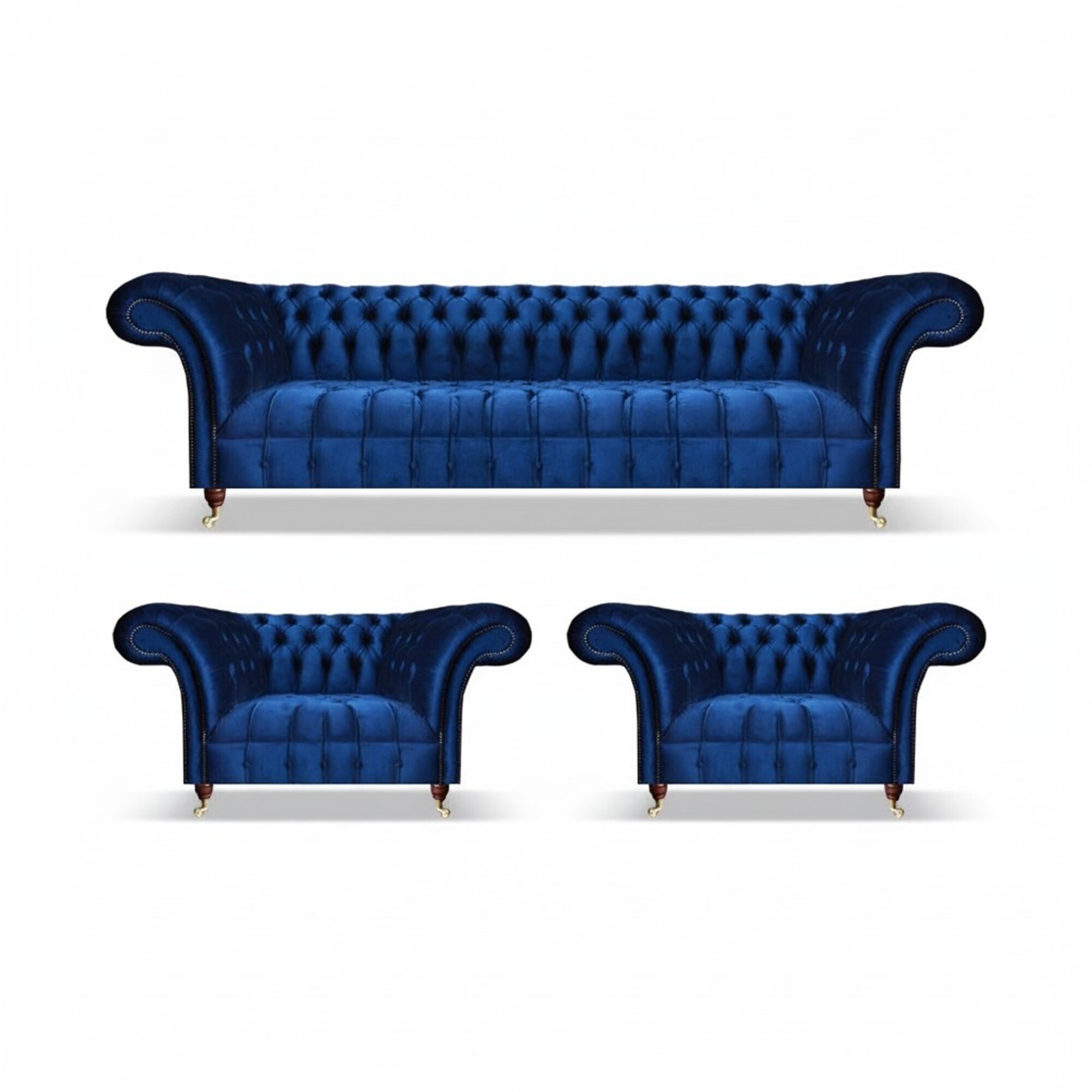 Chesterfield Blau Sofa Set 3tlg Textil Sofa Dreisitze 2x Sessel Wohnzimmer