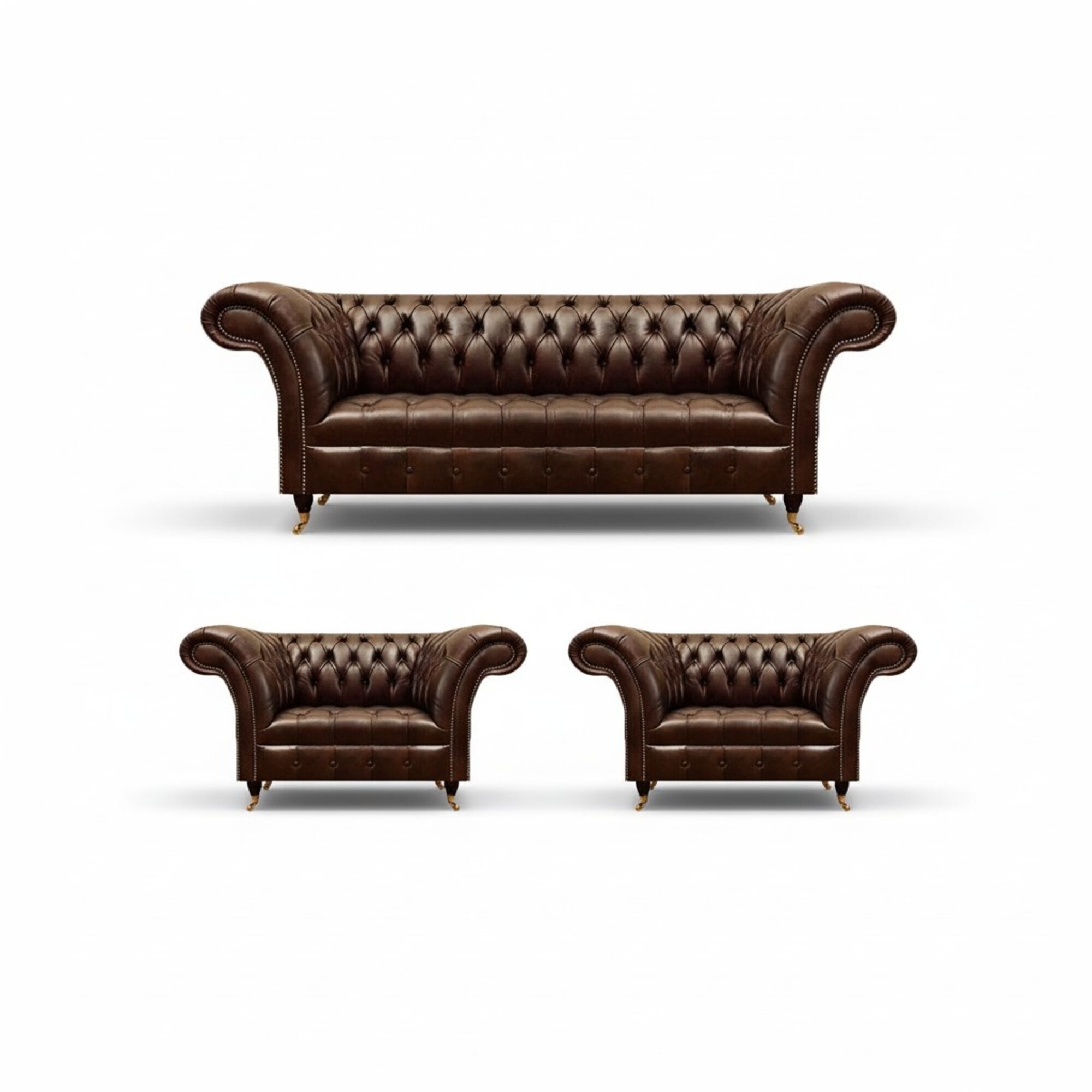 Chesterfield Braune Ledergarnitur Wohnzimmer 2x Sessel Edler 3-Sitzer