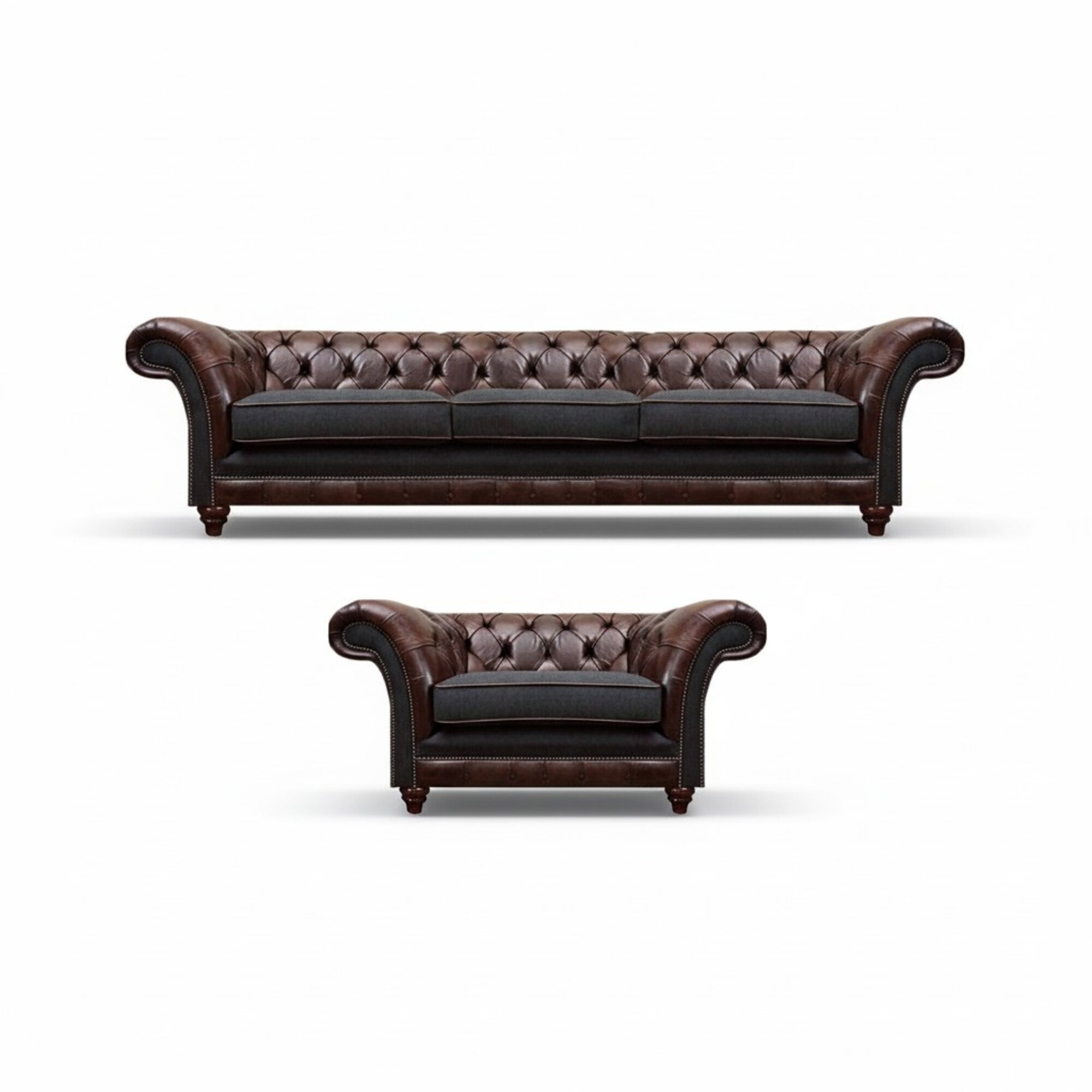 Chesterfield Braune Ledersofa Garnitur Dreisitzer Edler Polster Sessel