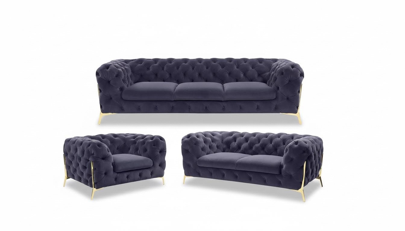 Chesterfield Couch Polster Sitz Garnitur 3+1+1 Sitzer Samt Designer Couchen Neu