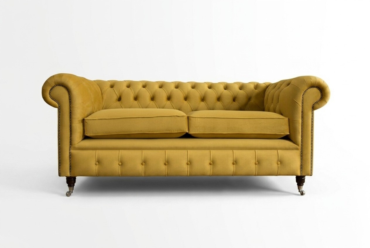 Chesterfield Design Sofa 2 Sitzer Couch Polster Sitz Garnitur Leder Textil Gelb