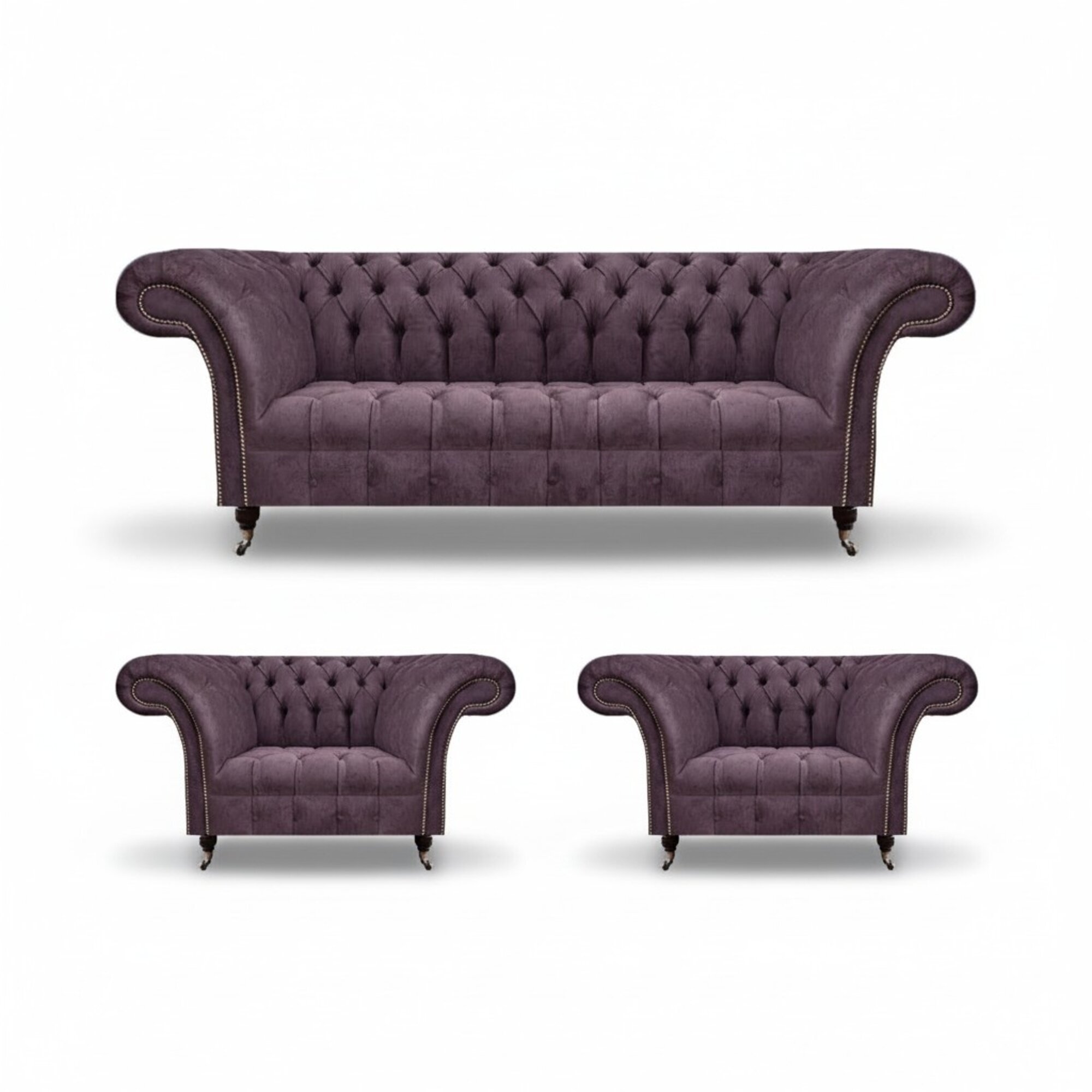 Chesterfield Dunkellila Sofagarnitur Dreisitzer 2x Textil Sessel 3tlg