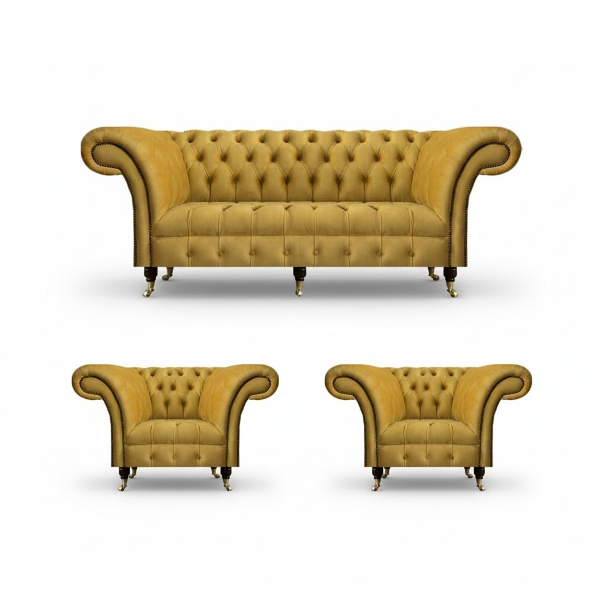 Chesterfield Gelbe Sitzgarnitur Designer Dreisitzer Edle Lehnsessel 3tlg