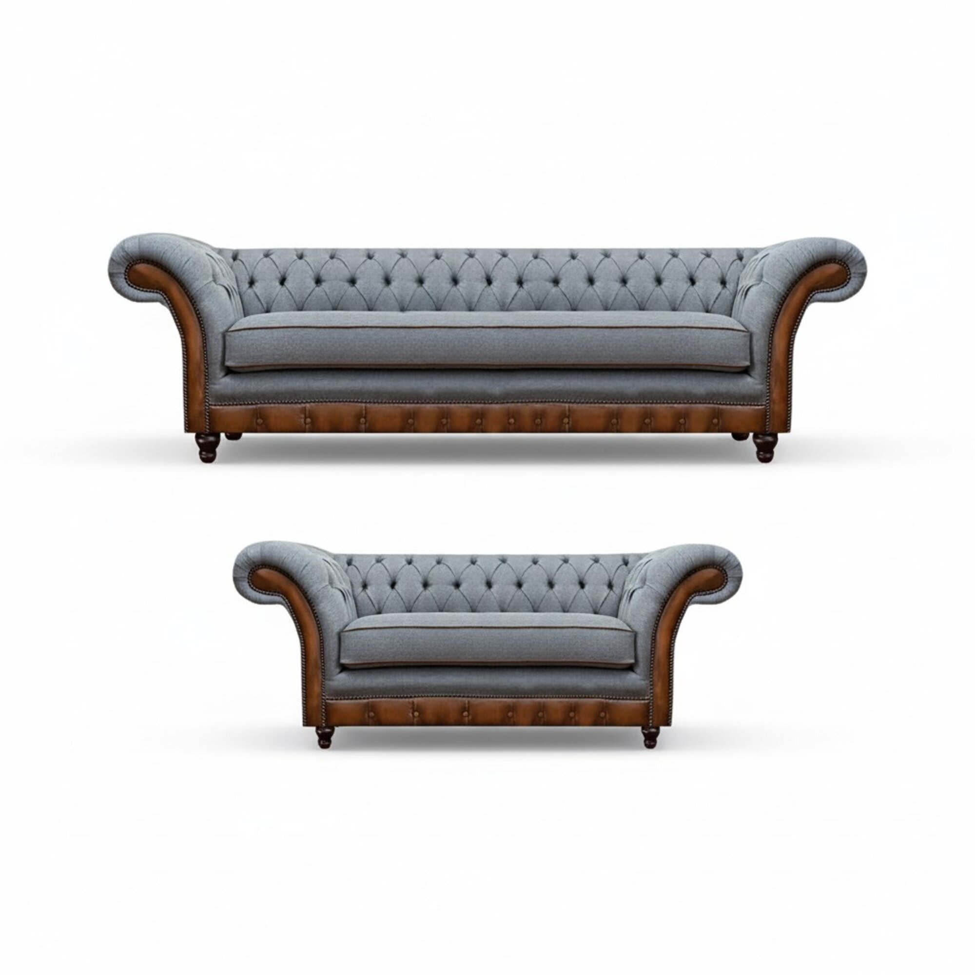 Chesterfield Hellgrau-Braune Sitzmöbel Designer Dreisitzer 2-Sitzer 2tlg