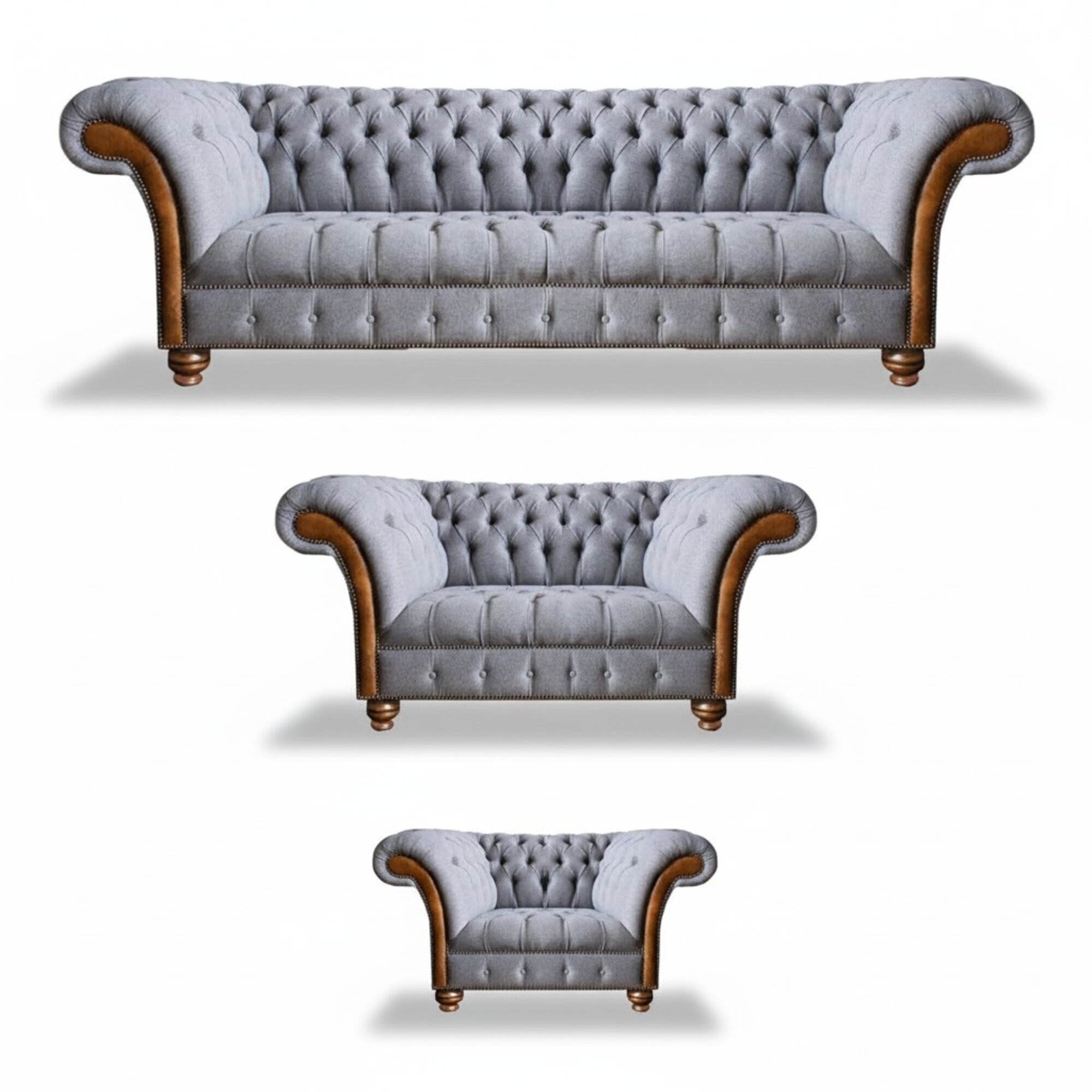 Chesterfield Hellgraue Polster Sofagarnitur Textil Designer 3tlg Set