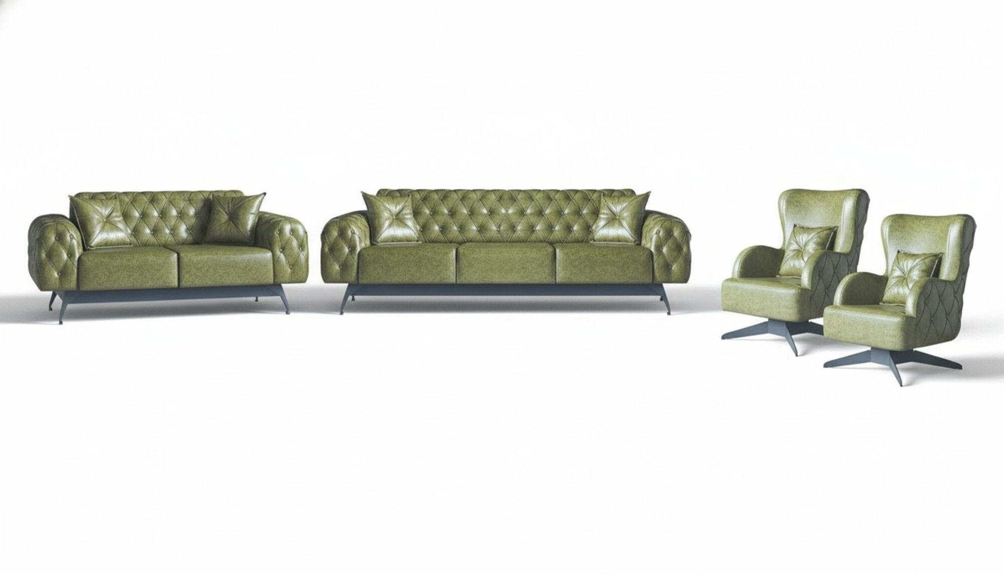 Chesterfield Polster 3-Sitzer 2-Sitzer Sessel Grün Set Klassisch Leder 4tlg.