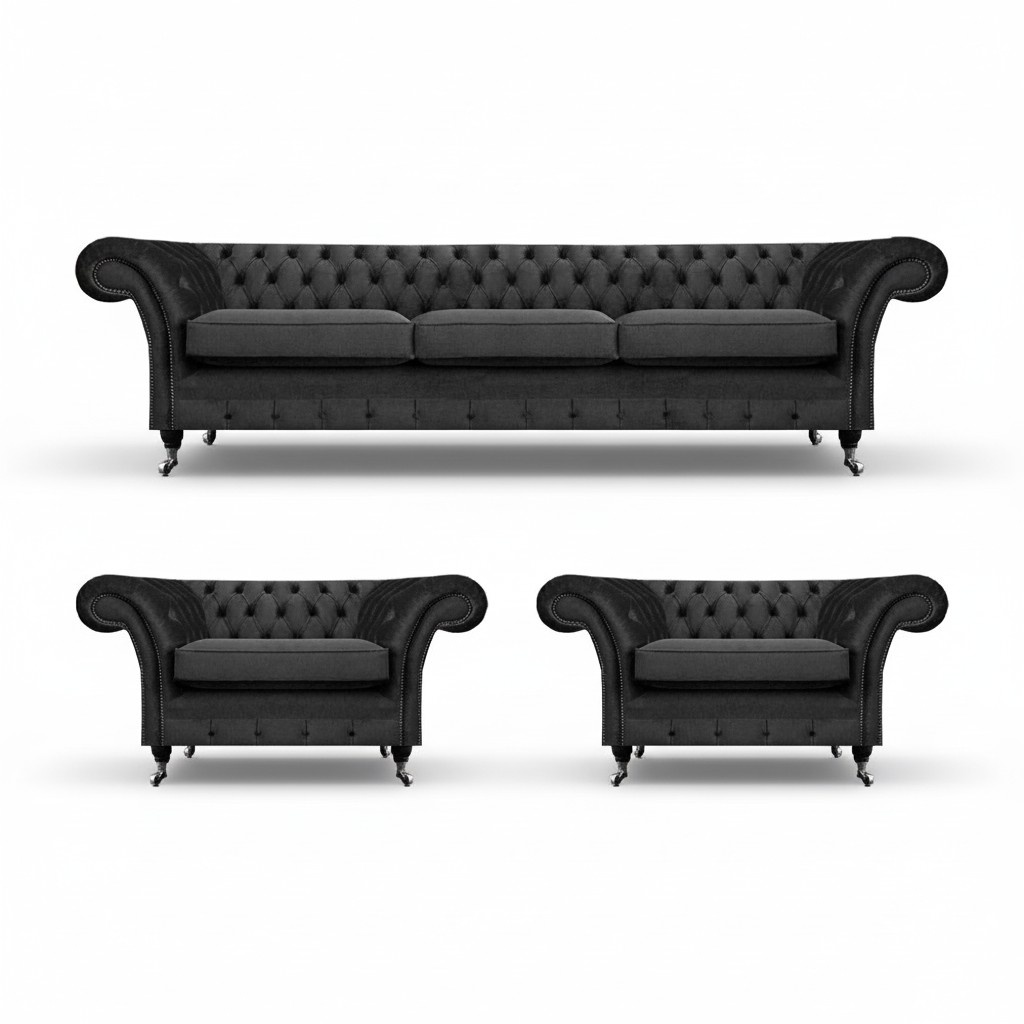 Chesterfield Schwarz Polstermöbel Sofagarnitur Set 3tlg Wohnzimmer 3+1+1
