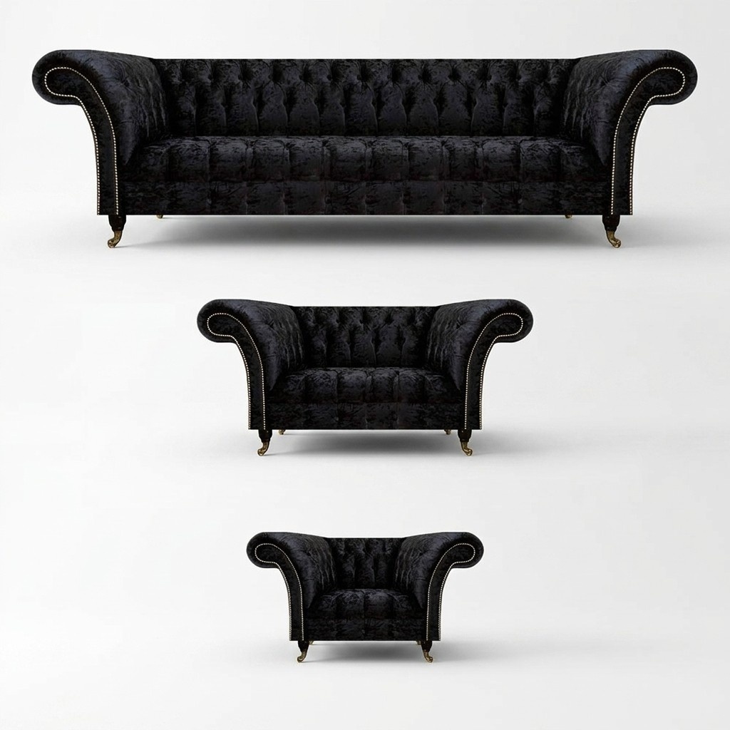 Chesterfield Schwarze Polstergarnitur Designer Wohnzimmer Couchen 3tlg