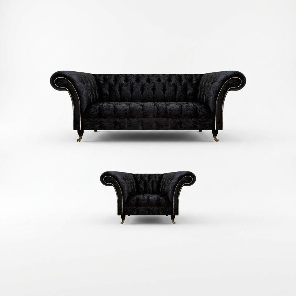 Chesterfield Schwarze Polstermöbel Designer Wohnzimmer Couch Sessel 2tlg