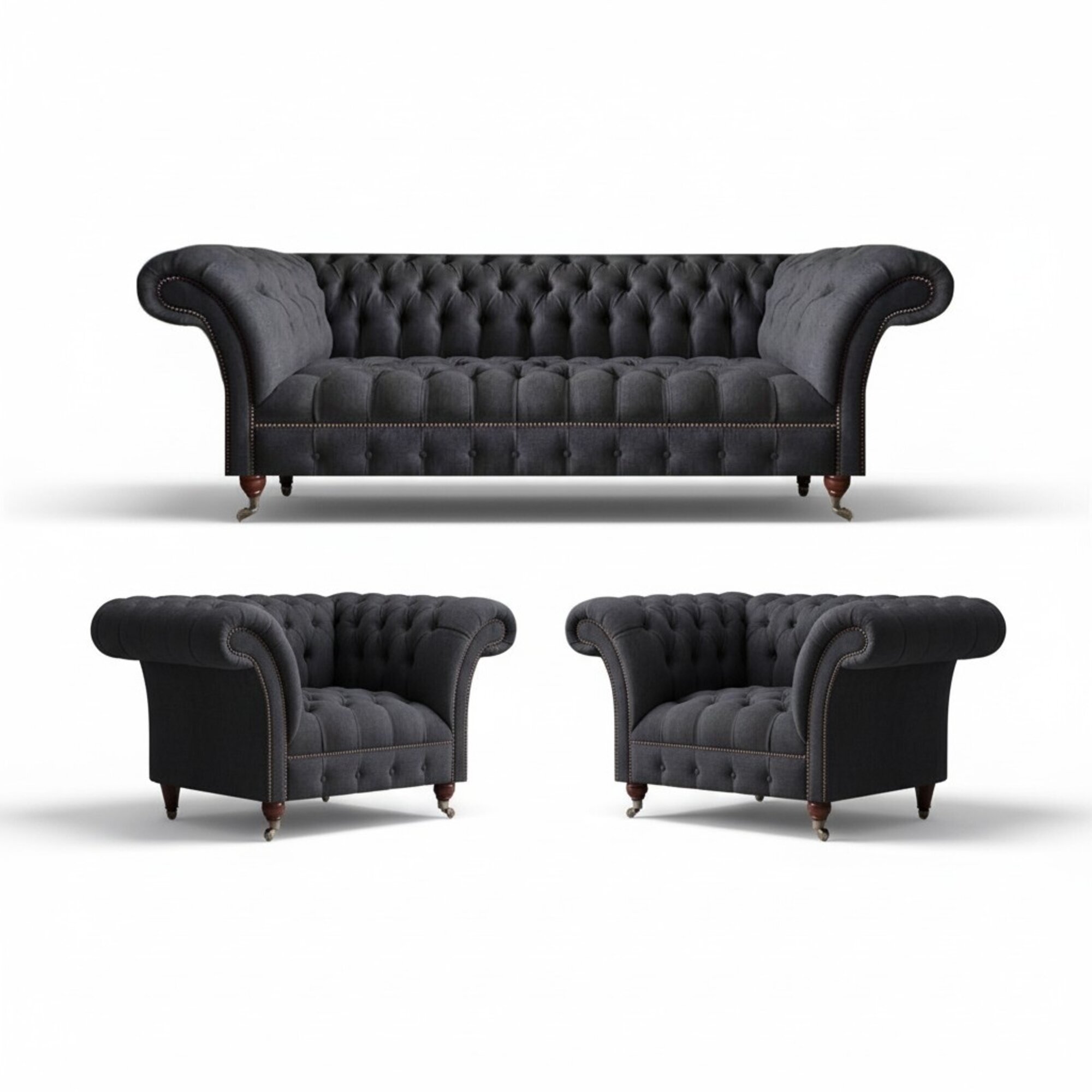 Chesterfield Schwarze Sitzgarnitur Wohnzimmer 3-Sitzer Couch 2x Sessel