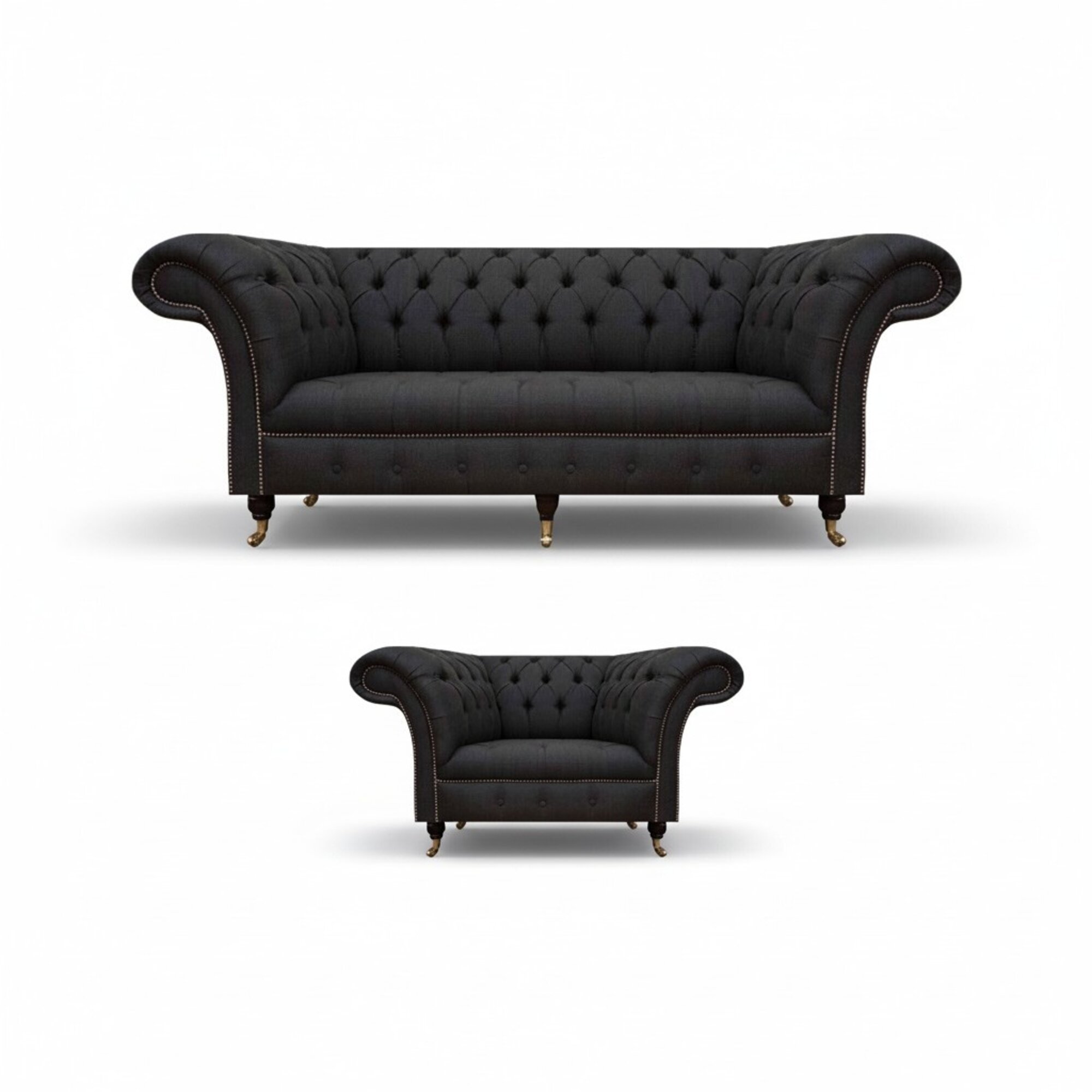 Chesterfield Schwarze Stoffgarnitur Designer 3-Sitzer Polstersessel 2tlg