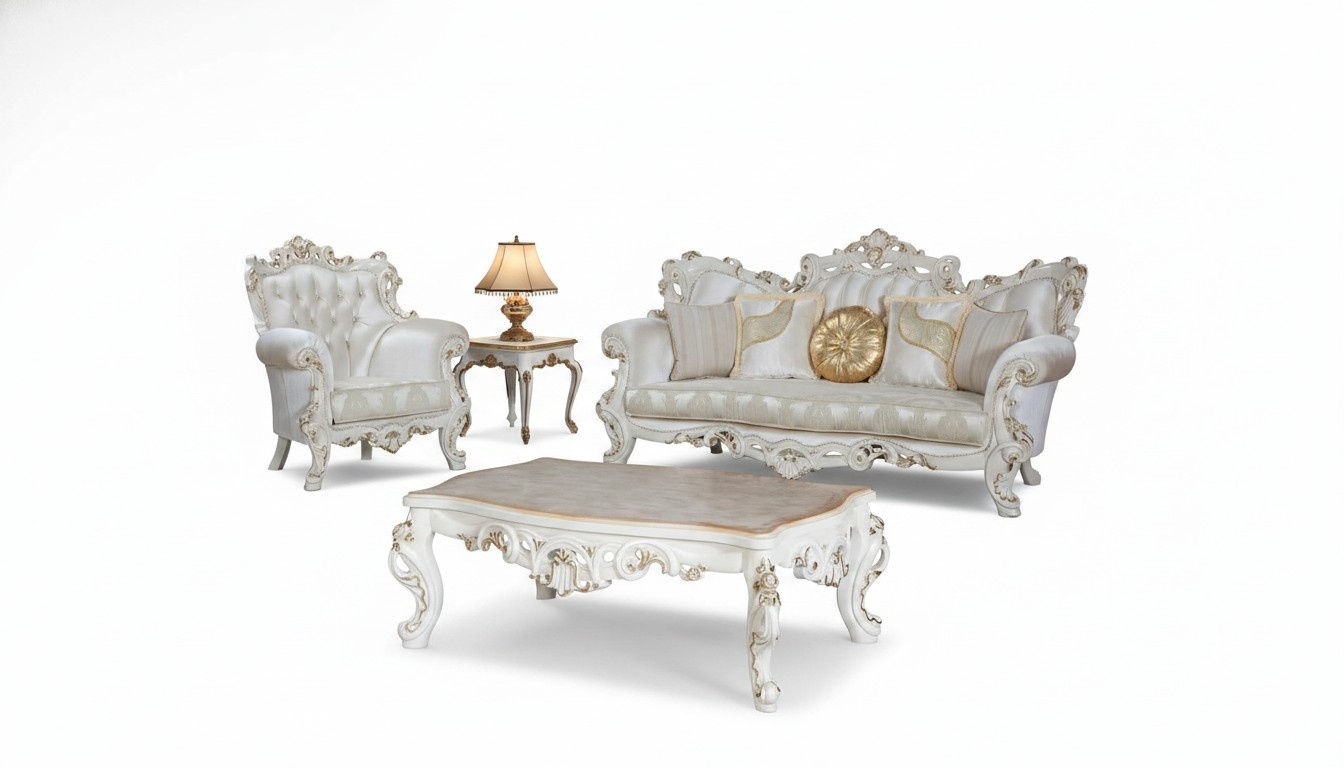 Chesterfield Sofa Polster Garnitur 3+1 Sitz Weiß Textil Dreisitzer Couchtisch