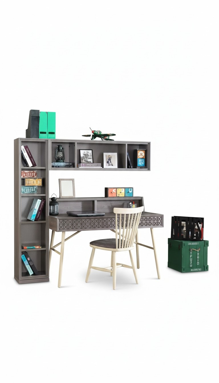 Computertisch Set 3tlg Schreibtisch Bücherregal Holz Grau Regale Tisch