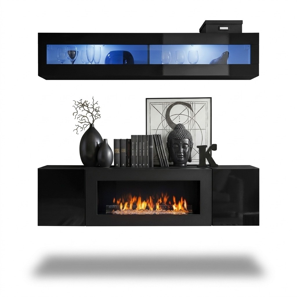 Wohnwand Set 2tlg. Wohnzimmer Sideboard mit Kamin Holz Wandschrank Neu Hochglanz