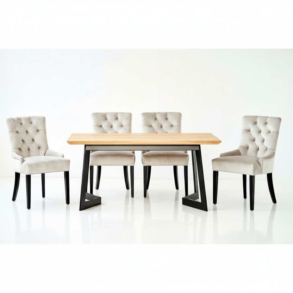 Design Esszimmer Tisch + 4 Chesterfield Lehnstühle Sitz Gruppe Stühle