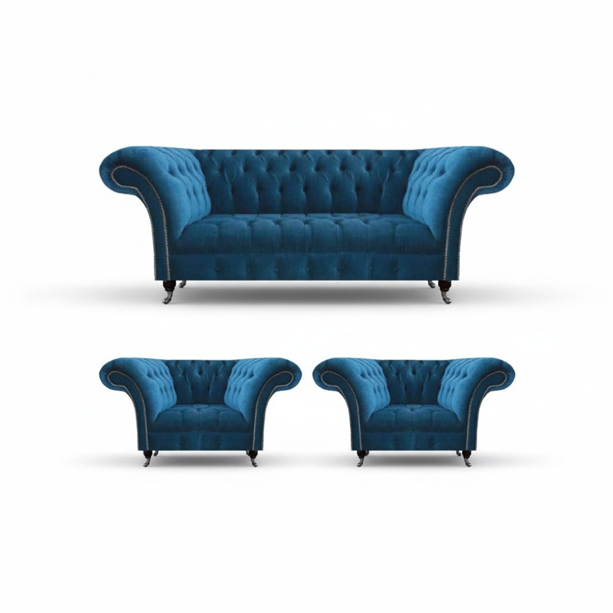 Designer Blaue Chesterfield Polstermöbel Wohnzimmer Couch 2x Sessel 3tlg