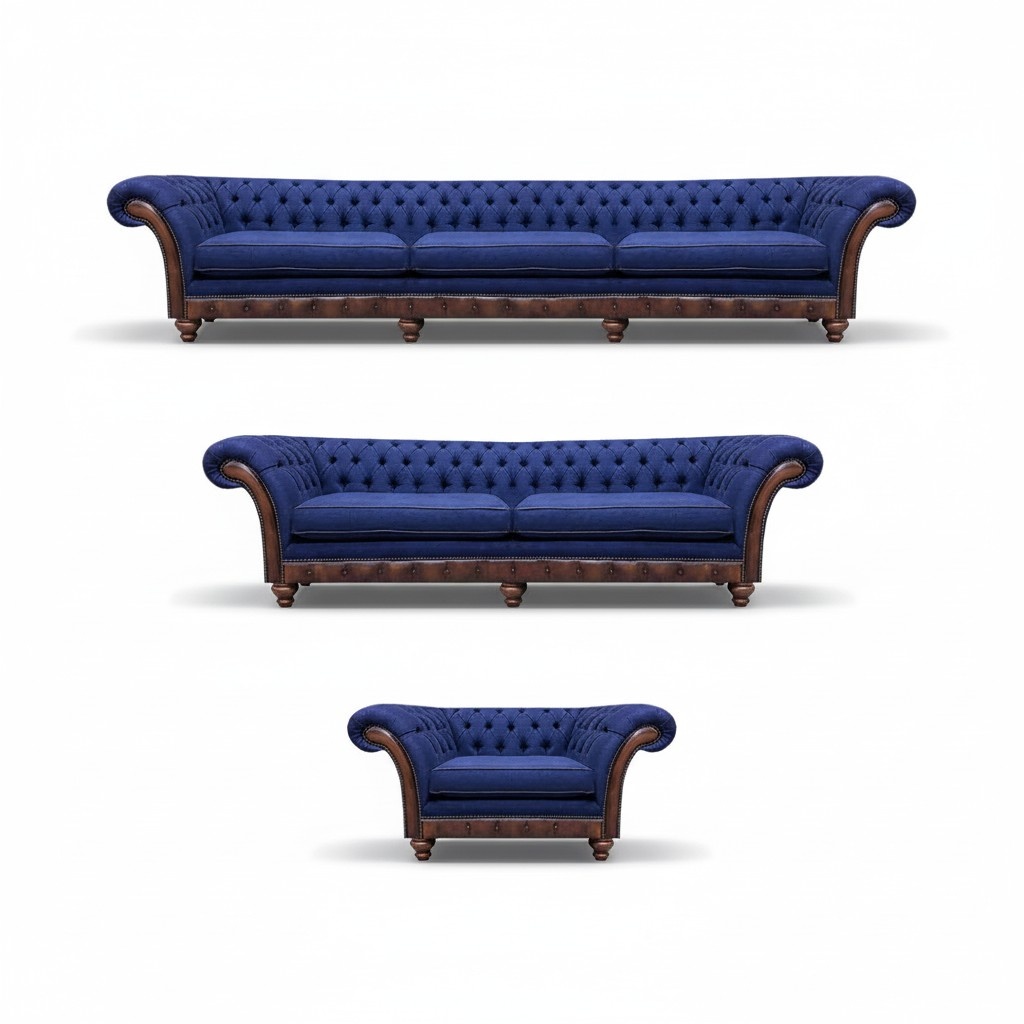 Designer Chesterfield Couchgarnitur Edler Blauer Dreisitzer Sessel 3tlg
