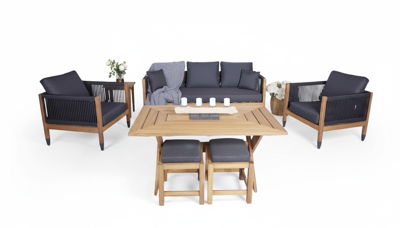 Designer Garten Set 3+1+1 Sitzer Stilvoller Terrassenmöbel Esstisch 2x Hocker