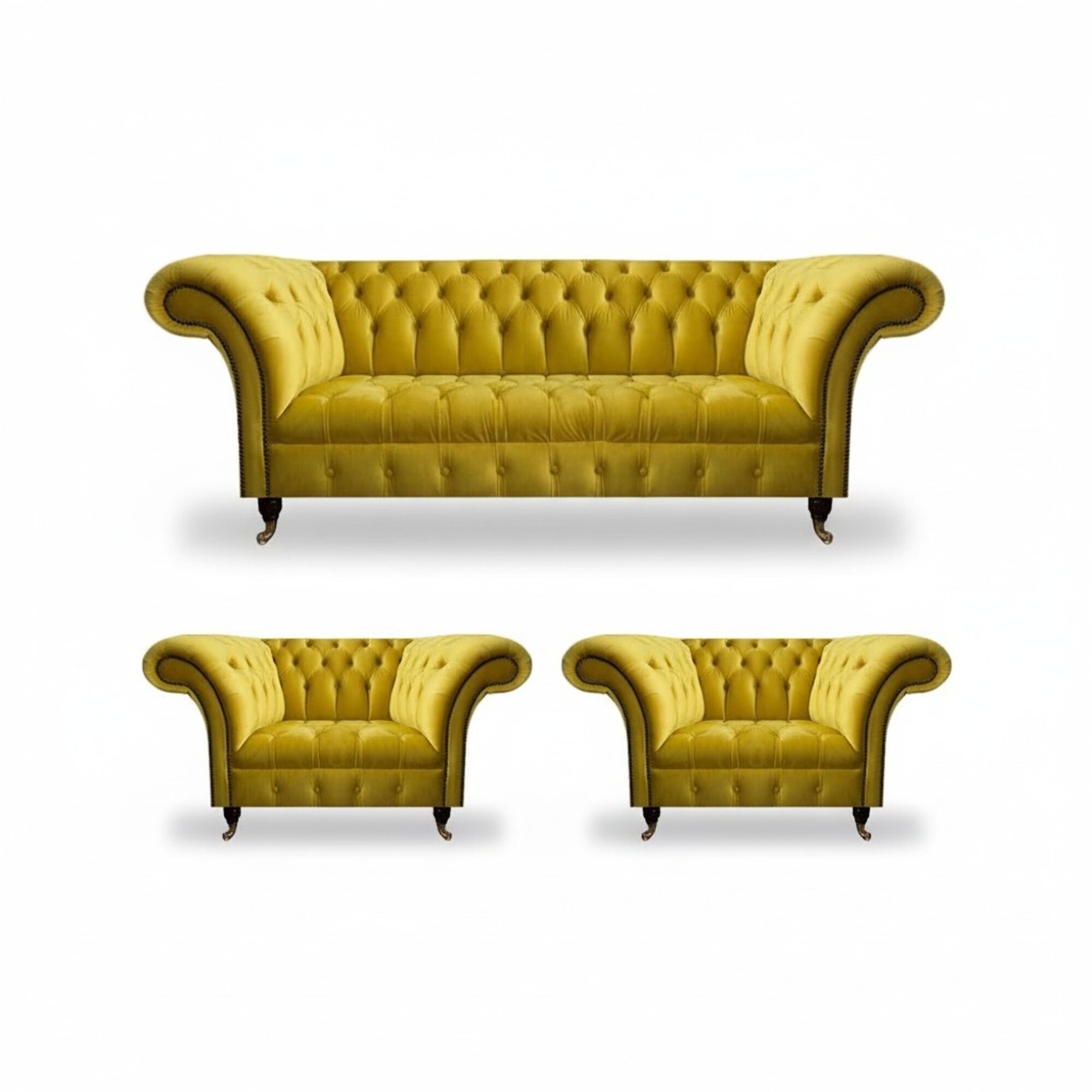 Designer Gelbe Chesterfield Polstergarnitur Komplettes Textil 3tlg Set
