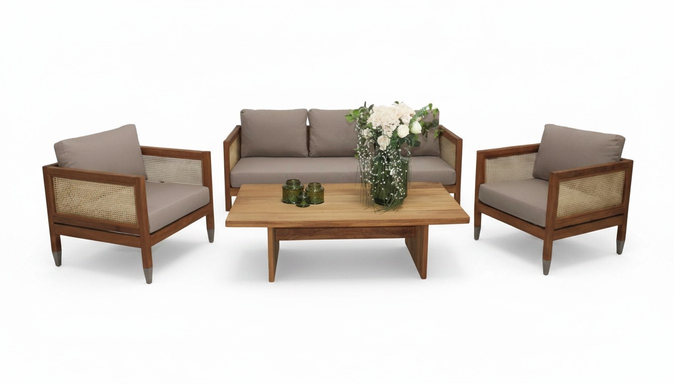 Designer Stilvoller Sofa Set 3+1+1 Sitzer Holz Couchtisch Gartenmöbel Komplett