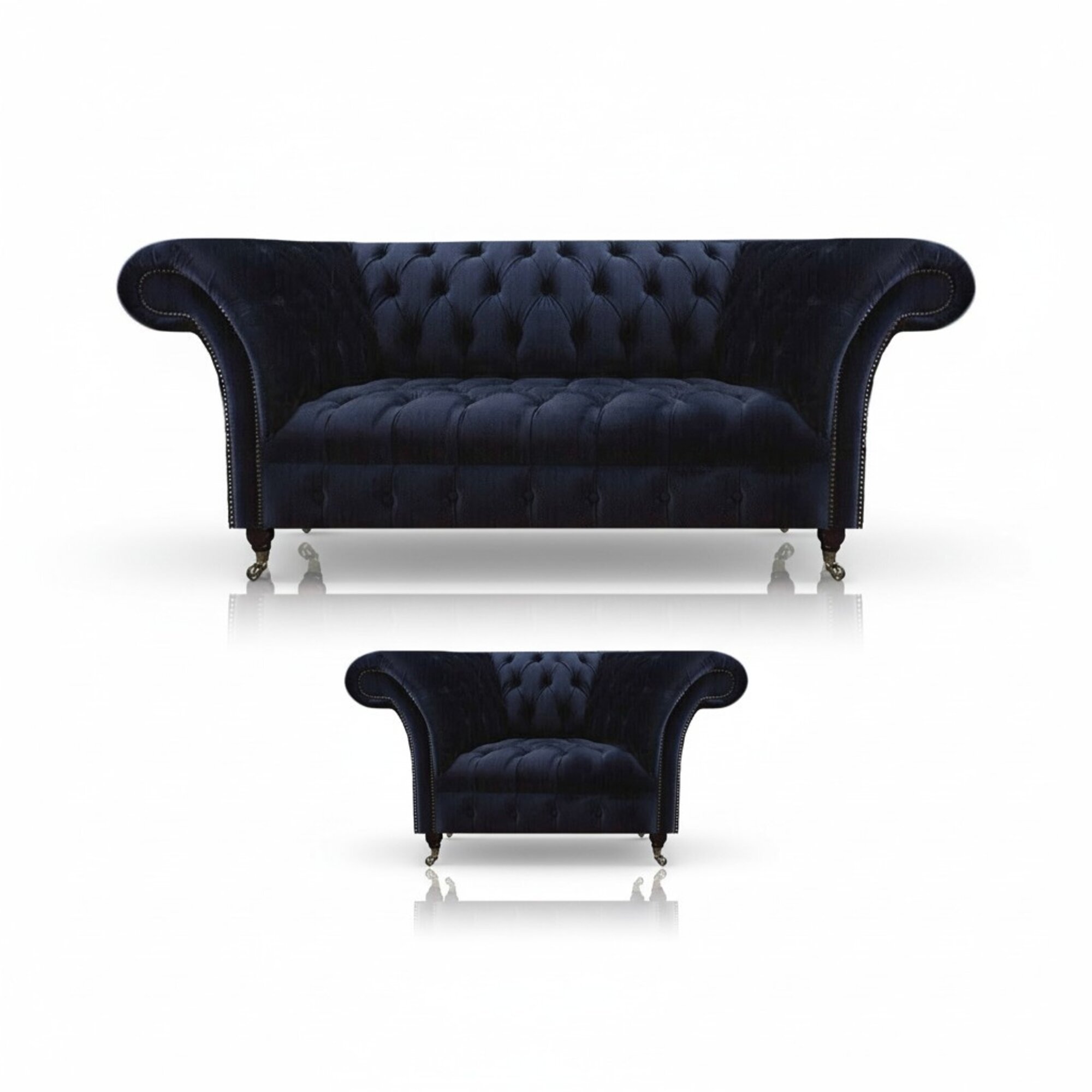 Dunkelblaue Chesterfield Wohnzimmer Garnitur Lehnsessel 3-Sitzer 2tlg