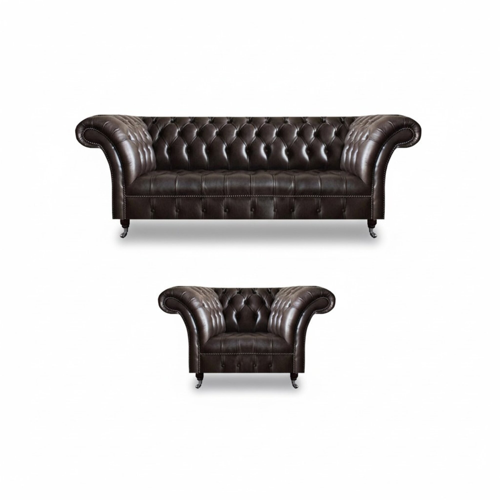 Dunkelbraune Chesterfield Garnitur Ledersessel Designer Couch 2tlg Set