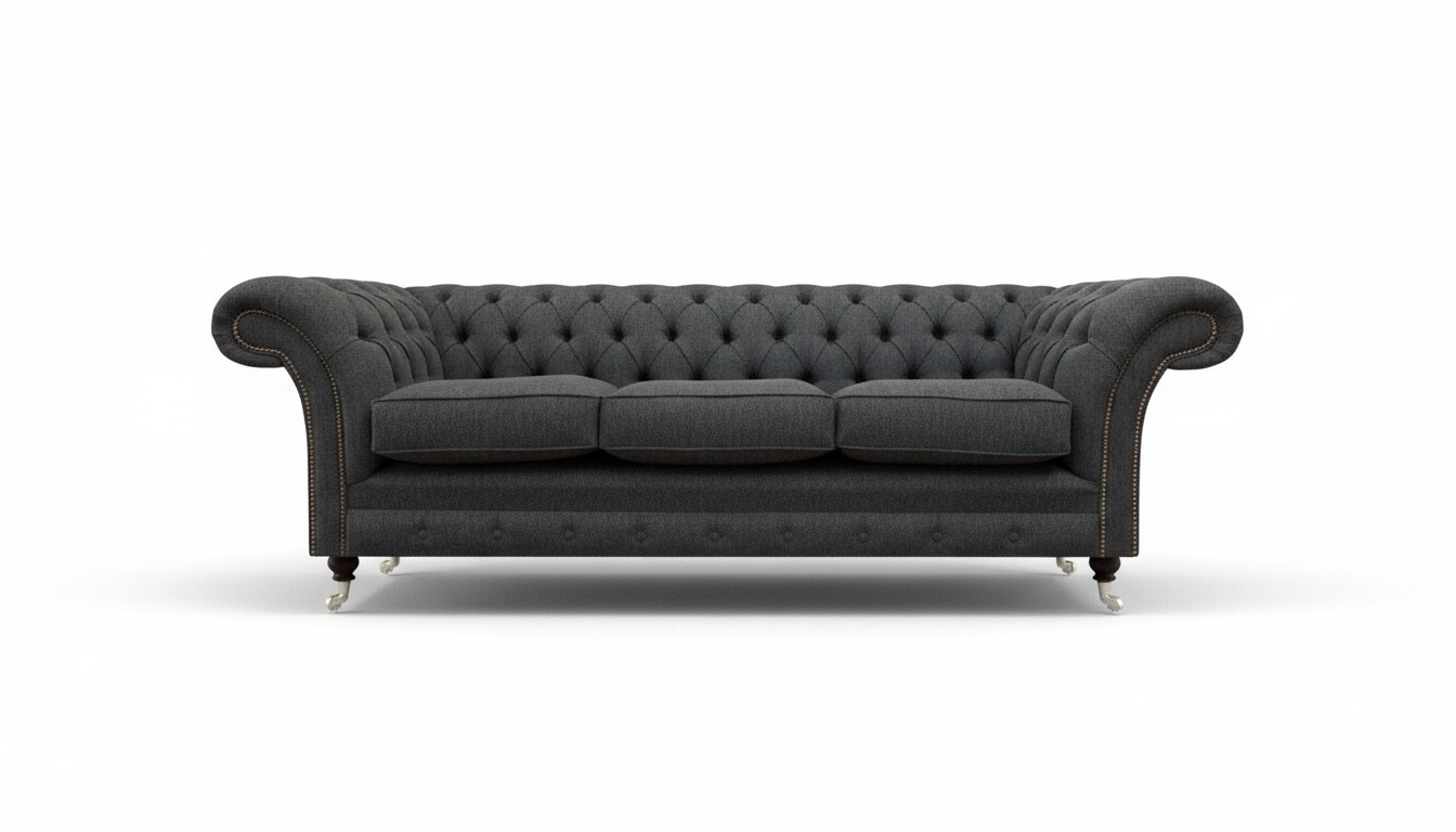 Dunkelgraue Chesterfield Textilcouch Wohnzimmer Dreisitzer Edle Sitzmöbel