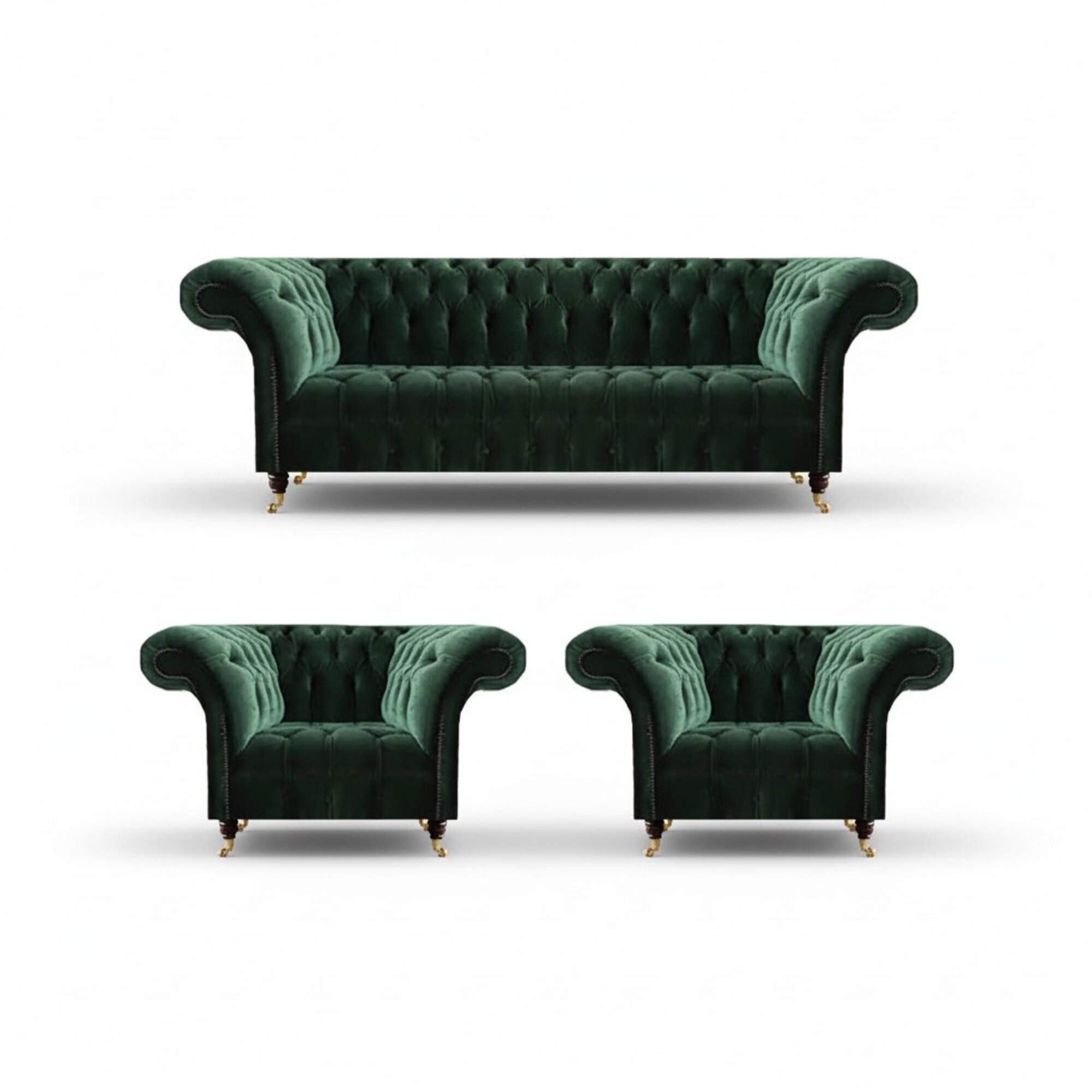 Dunkelgrüne Chesterfield Sessel Wohnzimmer Dreisitzer Luxus Couch 3tlg