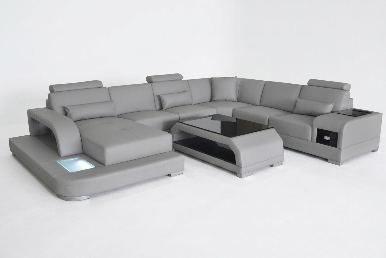 Eck Sofa mit USB Polster Couch Sitz Grau Leder Garnitur Moderne Wohnlandschaft