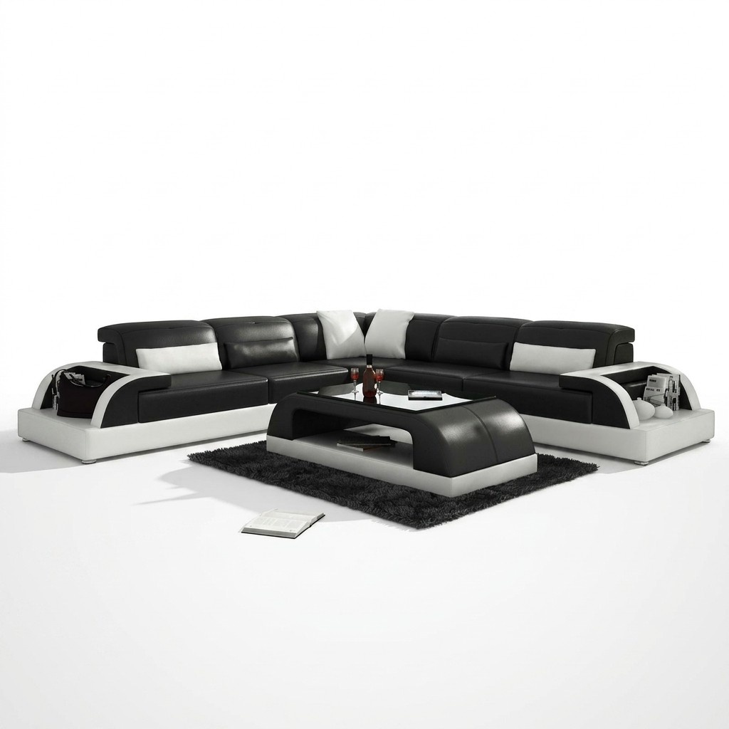 Ecksofa L-Form + Couchtisch Sofa Couch Design Grau Polster Leder