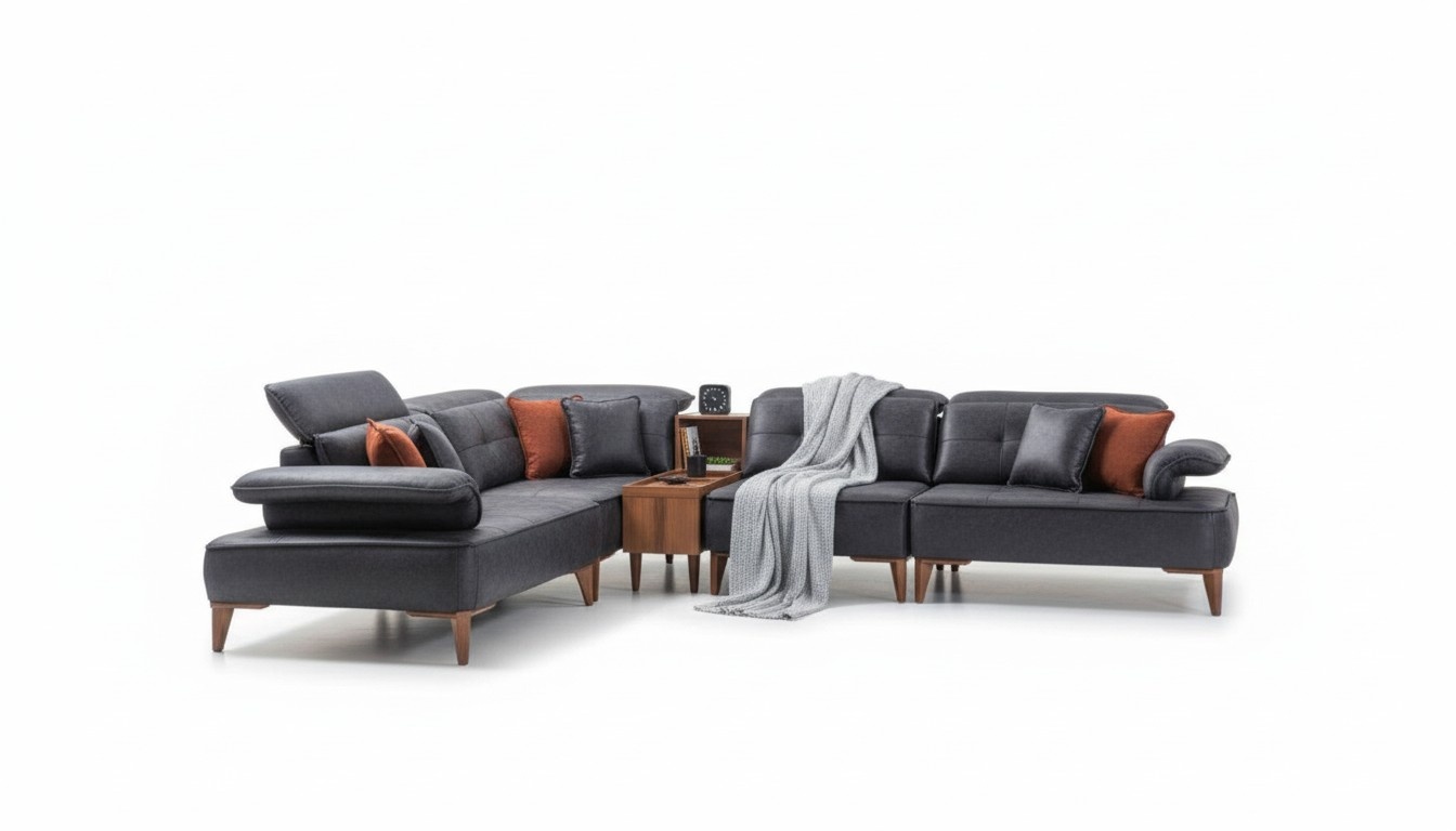 Ecksofa L-Form Sofa Luxus Eck Kunstleder Wohnzimmer Polyester Grau