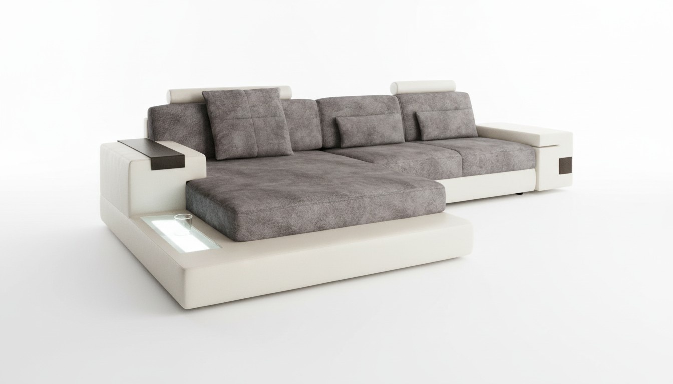 Ecksofa mit USB Polster Wohnlandschaft Garnitur Ecke Stoff Textil Sofa Grau Weiß